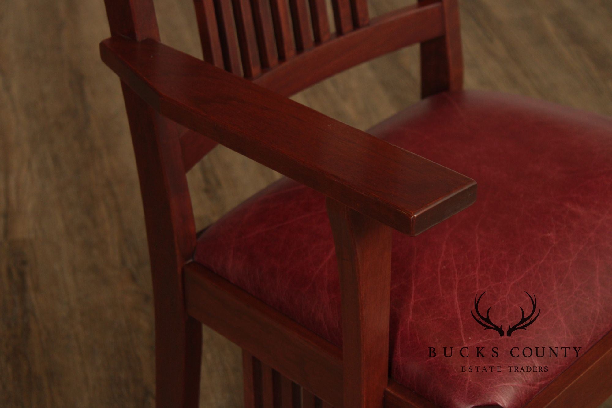 Zimmerman Mission Style Custom Set Of Four Cherry And Leather Spindle Dining Chairs