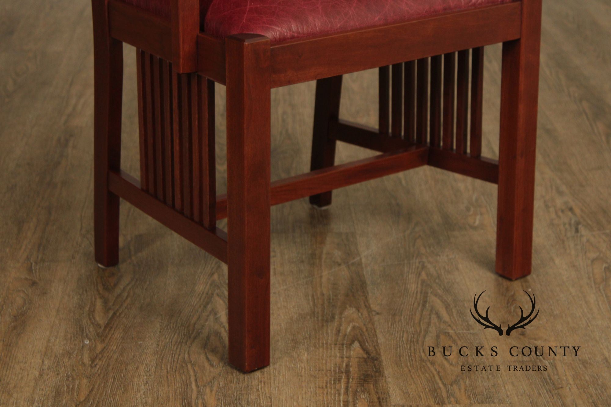 Zimmerman Mission Style Custom Set Of Four Cherry And Leather Spindle Dining Chairs