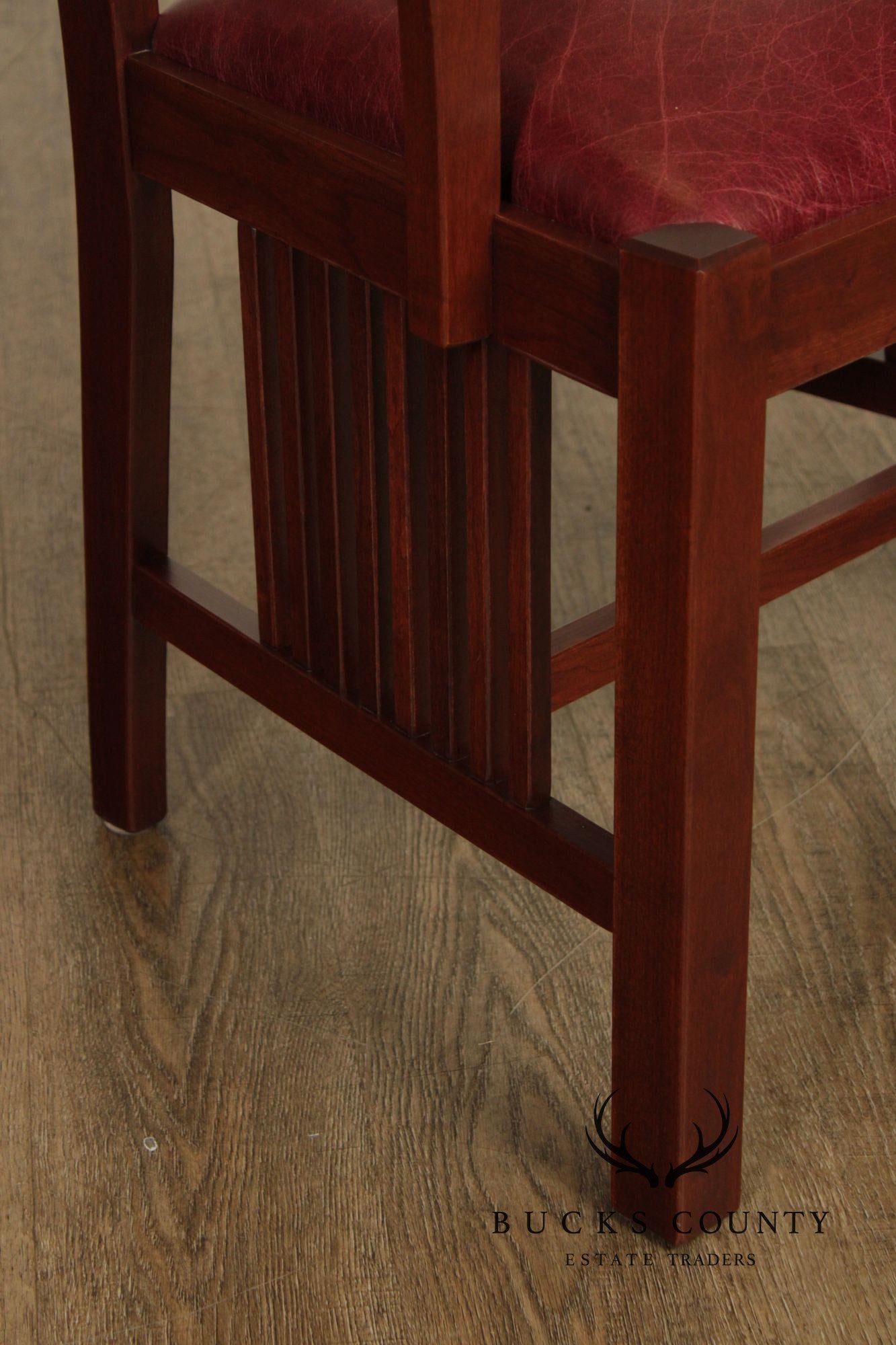 Zimmerman Mission Style Custom Set Of Four Cherry And Leather Spindle Dining Chairs