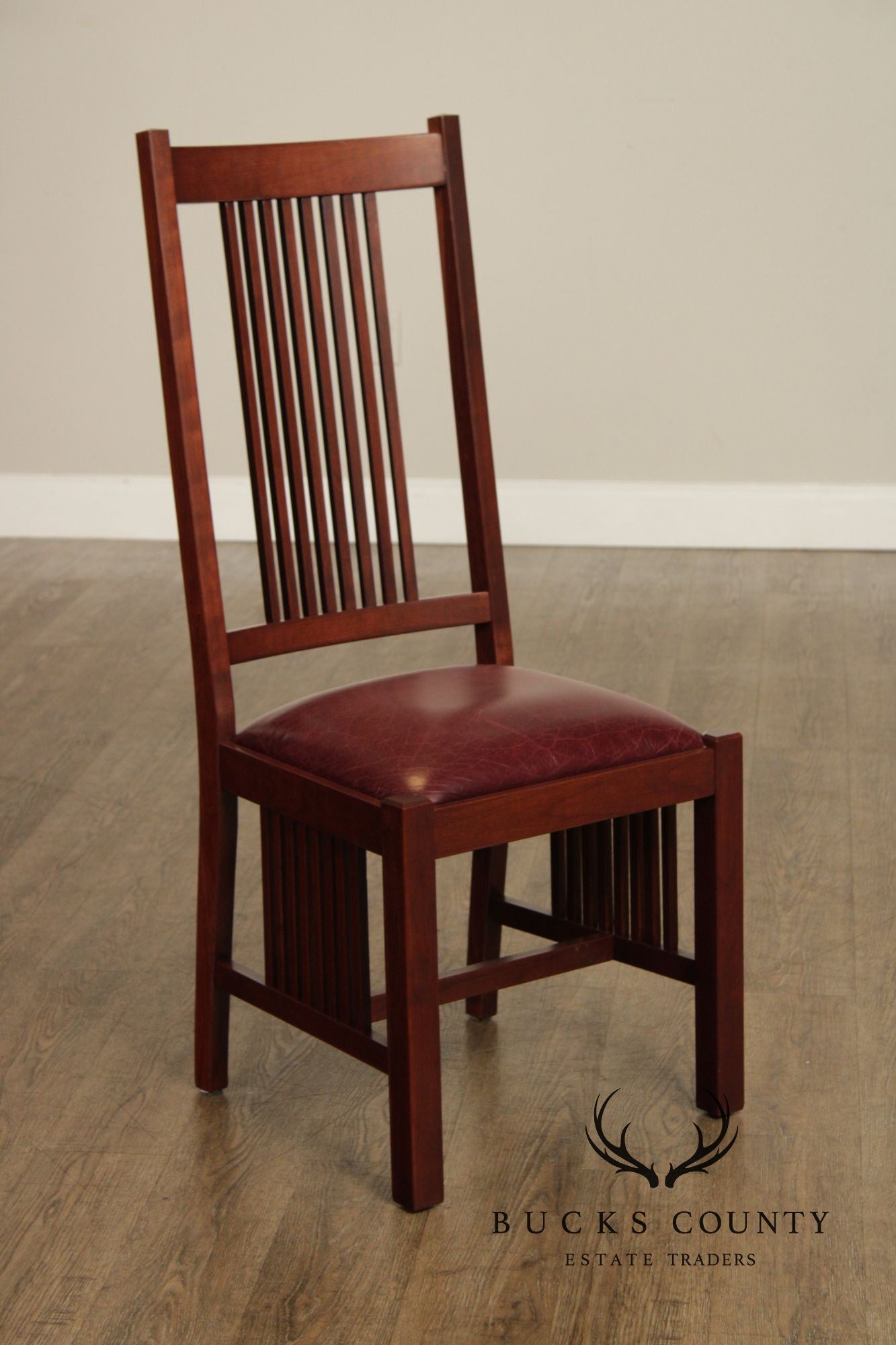Zimmerman Mission Style Custom Set Of Four Cherry And Leather Spindle Dining Chairs