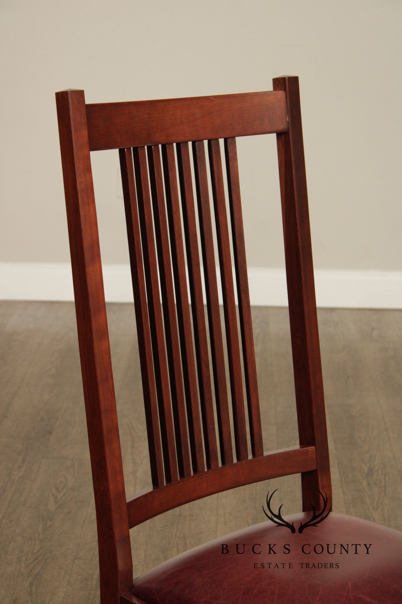 Zimmerman Mission Style Custom Set Of Four Cherry And Leather Spindle Dining Chairs
