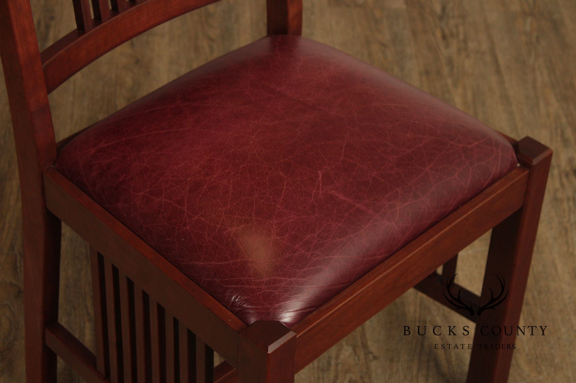 Zimmerman Mission Style Custom Set Of Four Cherry And Leather Spindle Dining Chairs