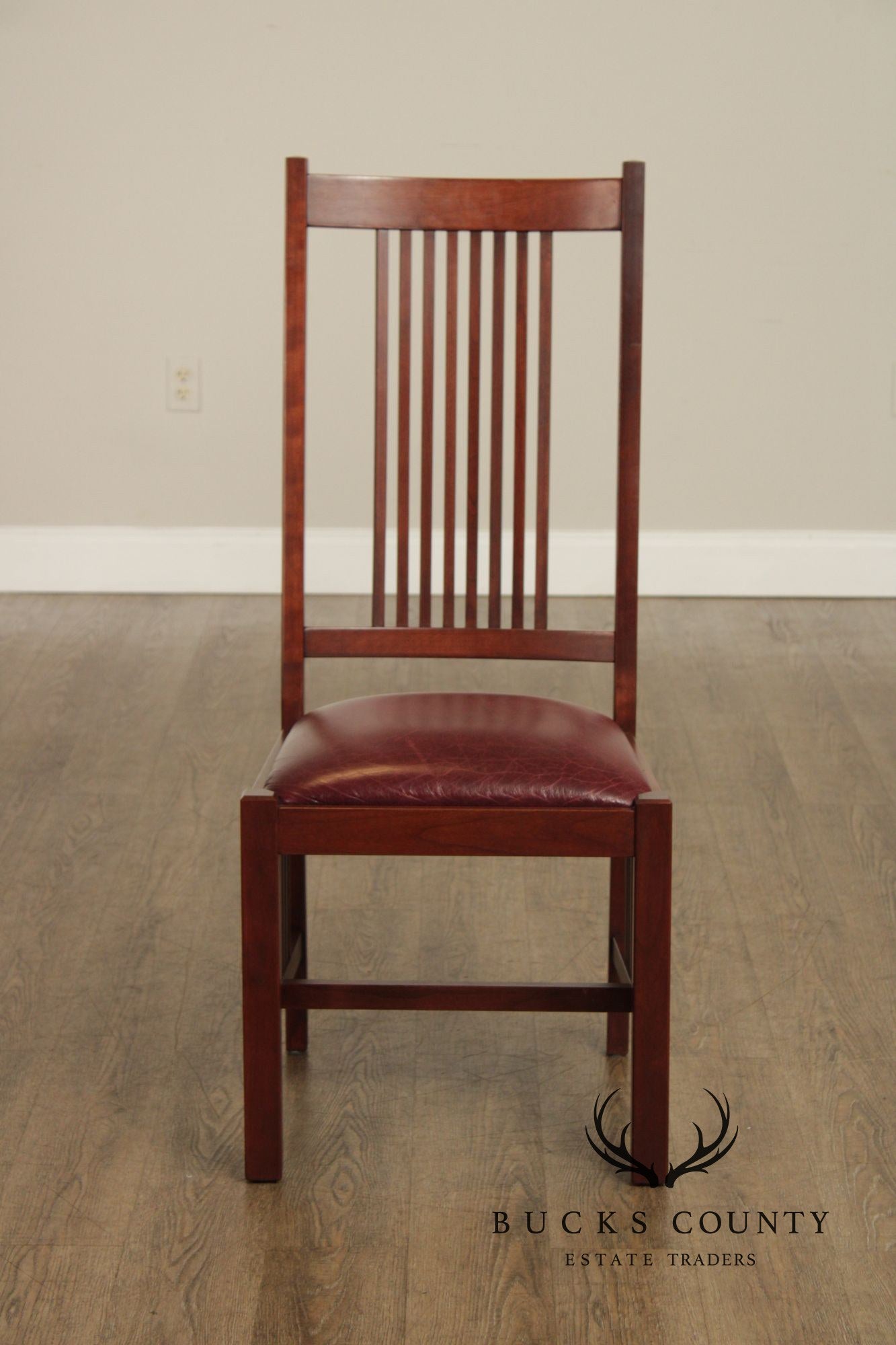 Zimmerman Mission Style Custom Set Of Four Cherry And Leather Spindle Dining Chairs
