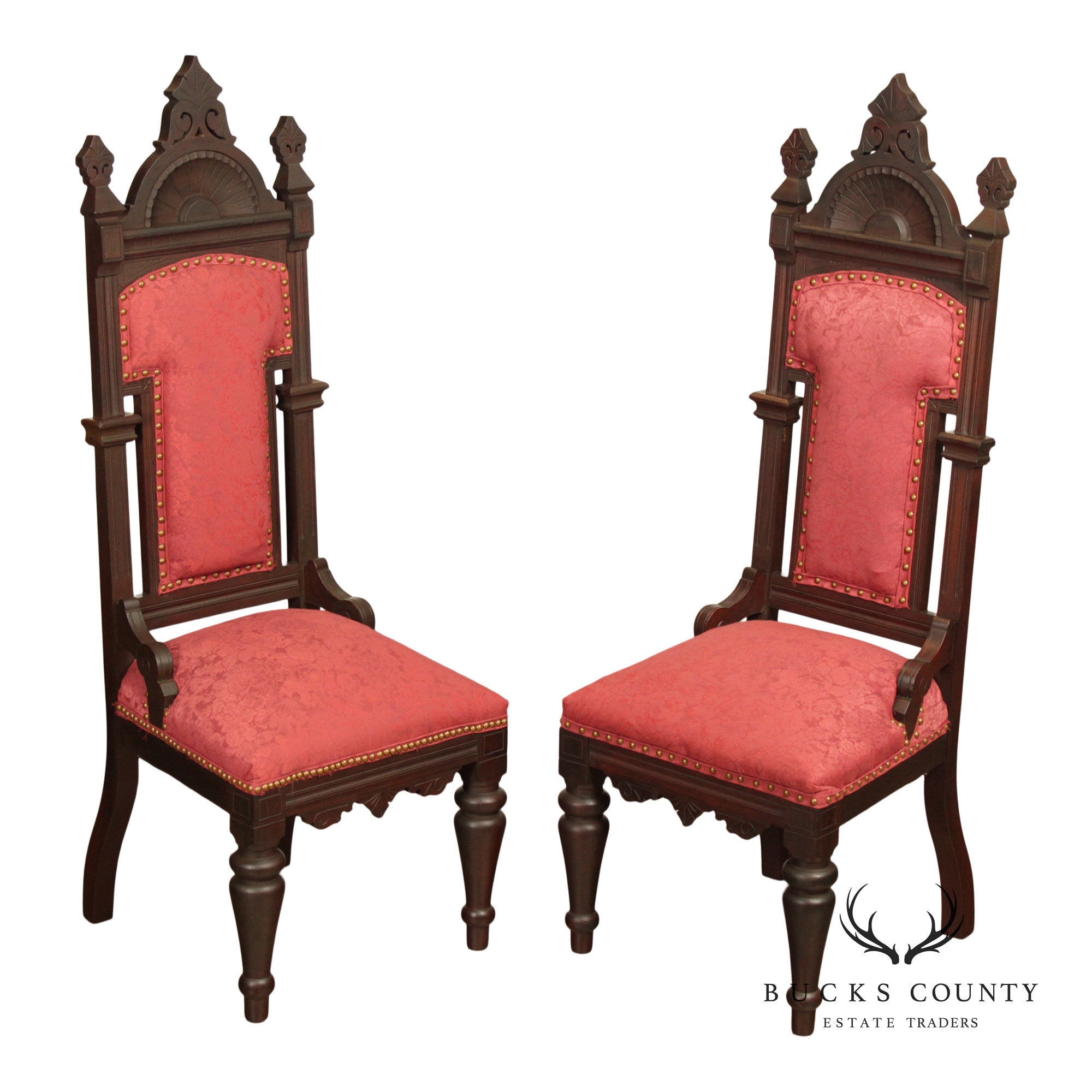 Antique American Gothic Revival Pair of Carved Walnut Side Chairs
