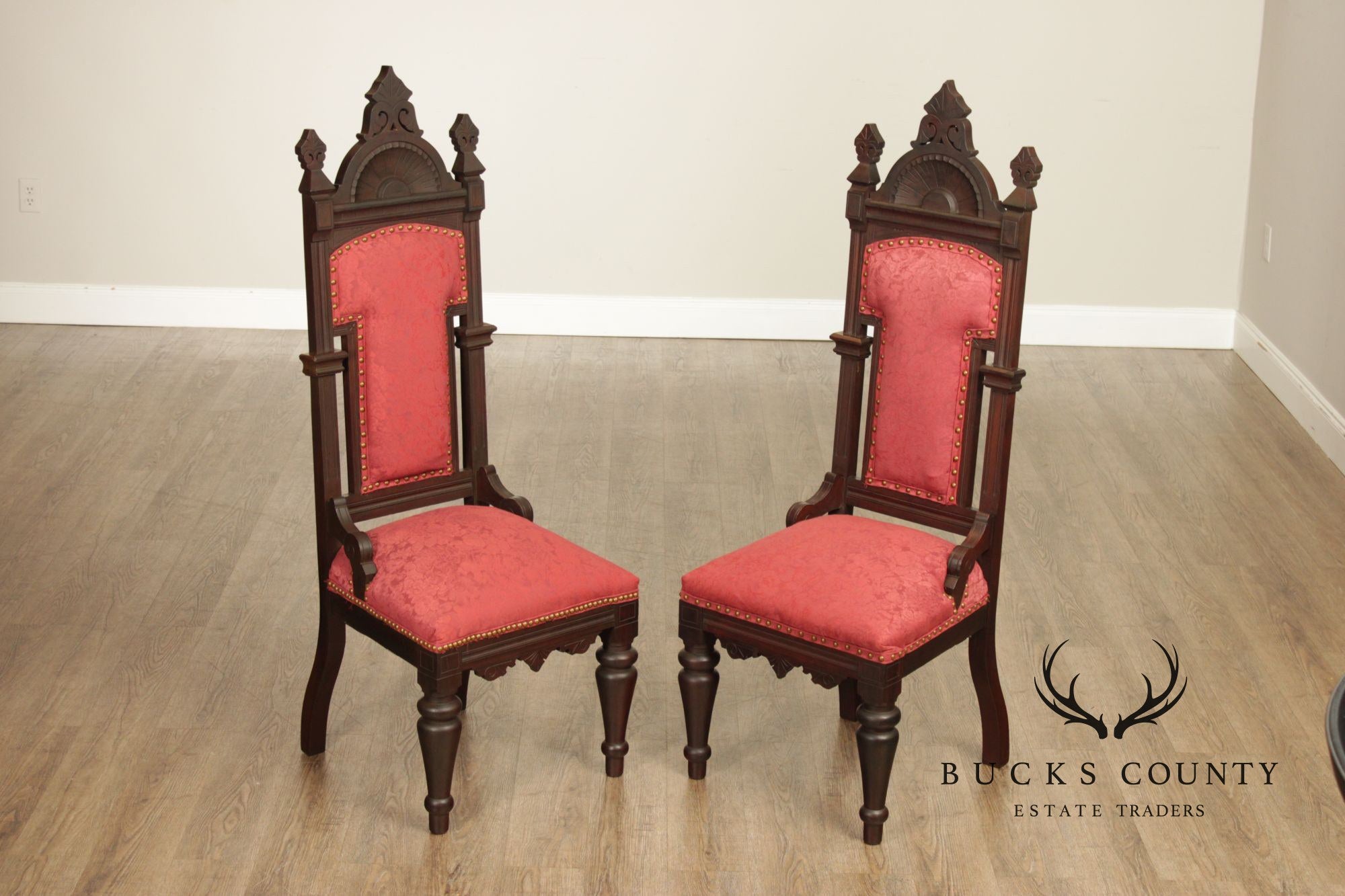 Antique American Gothic Revival Pair of Carved Walnut Side Chairs