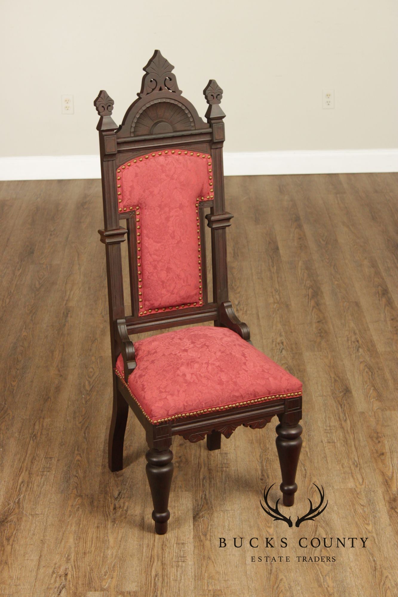 Antique American Gothic Revival Pair of Carved Walnut Side Chairs