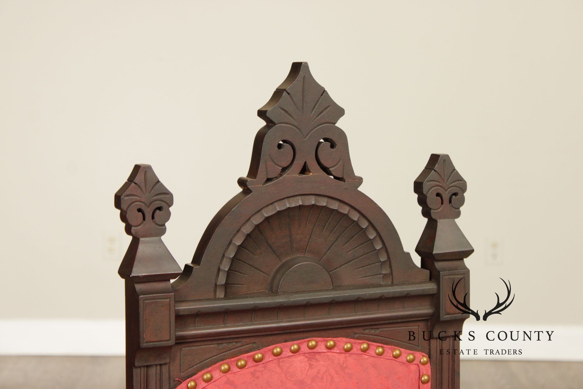 Antique American Gothic Revival Pair of Carved Walnut Side Chairs