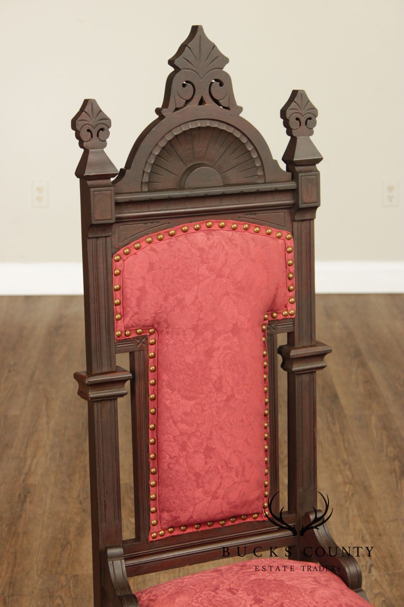 Antique American Gothic Revival Pair of Carved Walnut Side Chairs