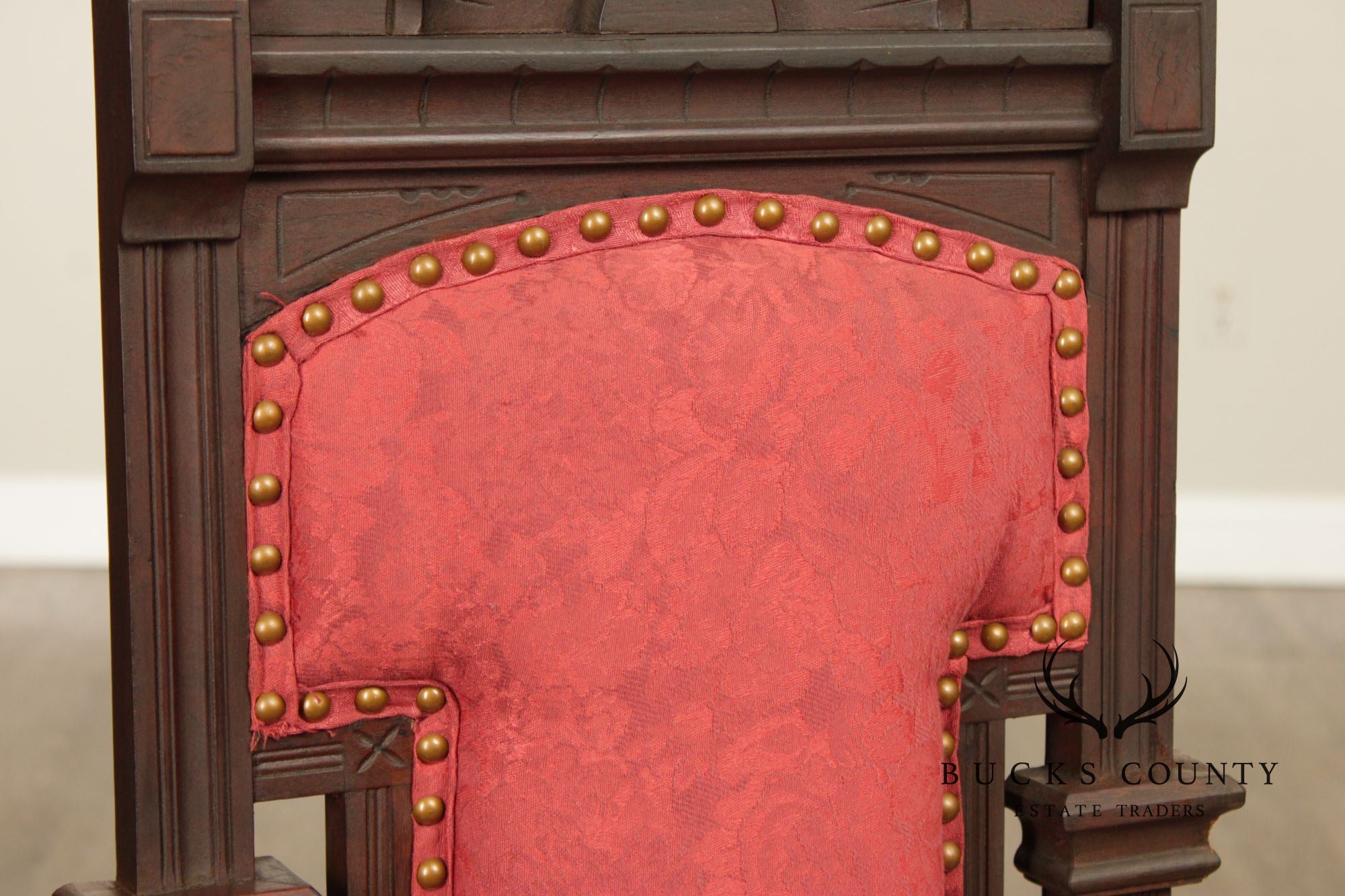 Antique American Gothic Revival Pair of Carved Walnut Side Chairs
