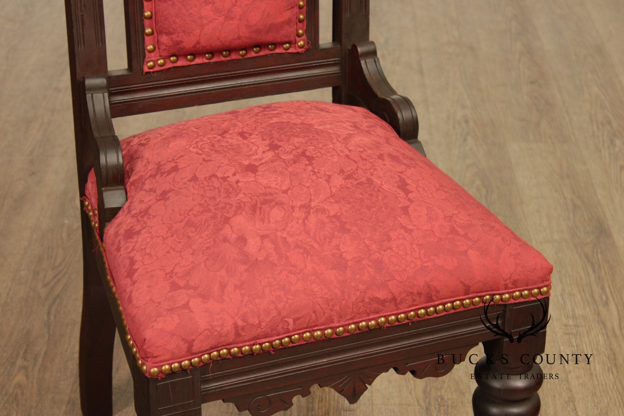 Antique American Gothic Revival Pair of Carved Walnut Side Chairs