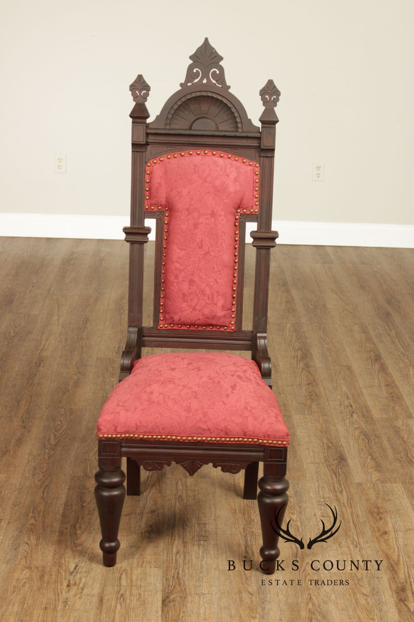 Antique American Gothic Revival Pair of Carved Walnut Side Chairs