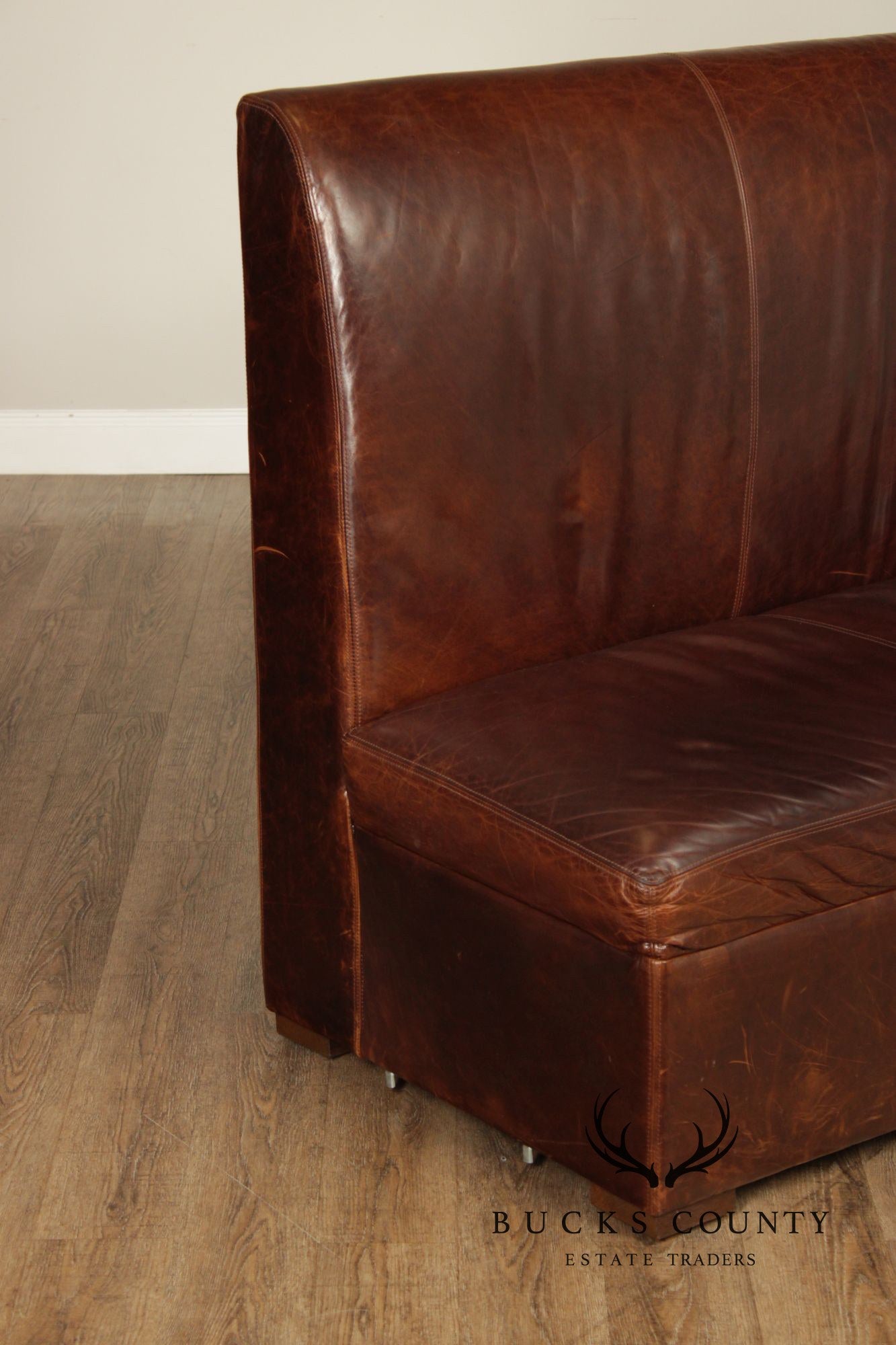 Quality Pair Of Brown Leather Banquette Benches