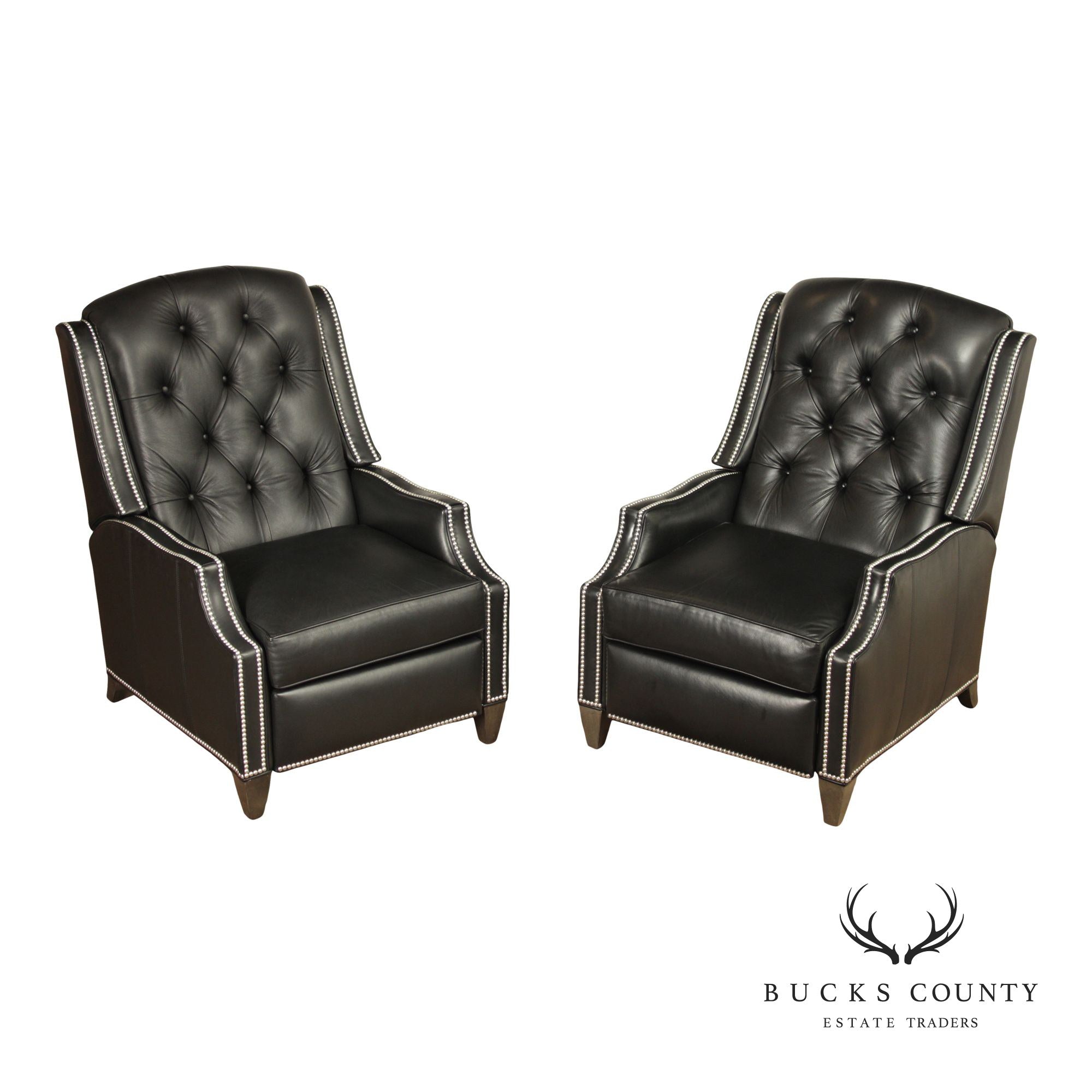 Ethan Allen Pair Modern Black Leather Recliner Lounge Chairs