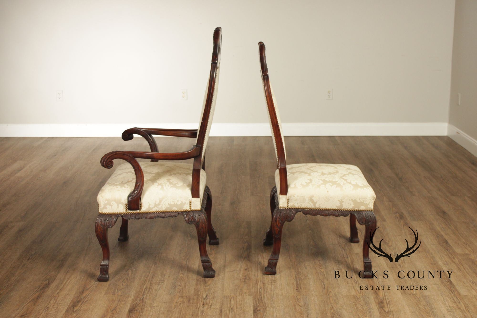 Georgian Style 1930's Vintage Set of 8 Carved Mahogany Dining Chairs