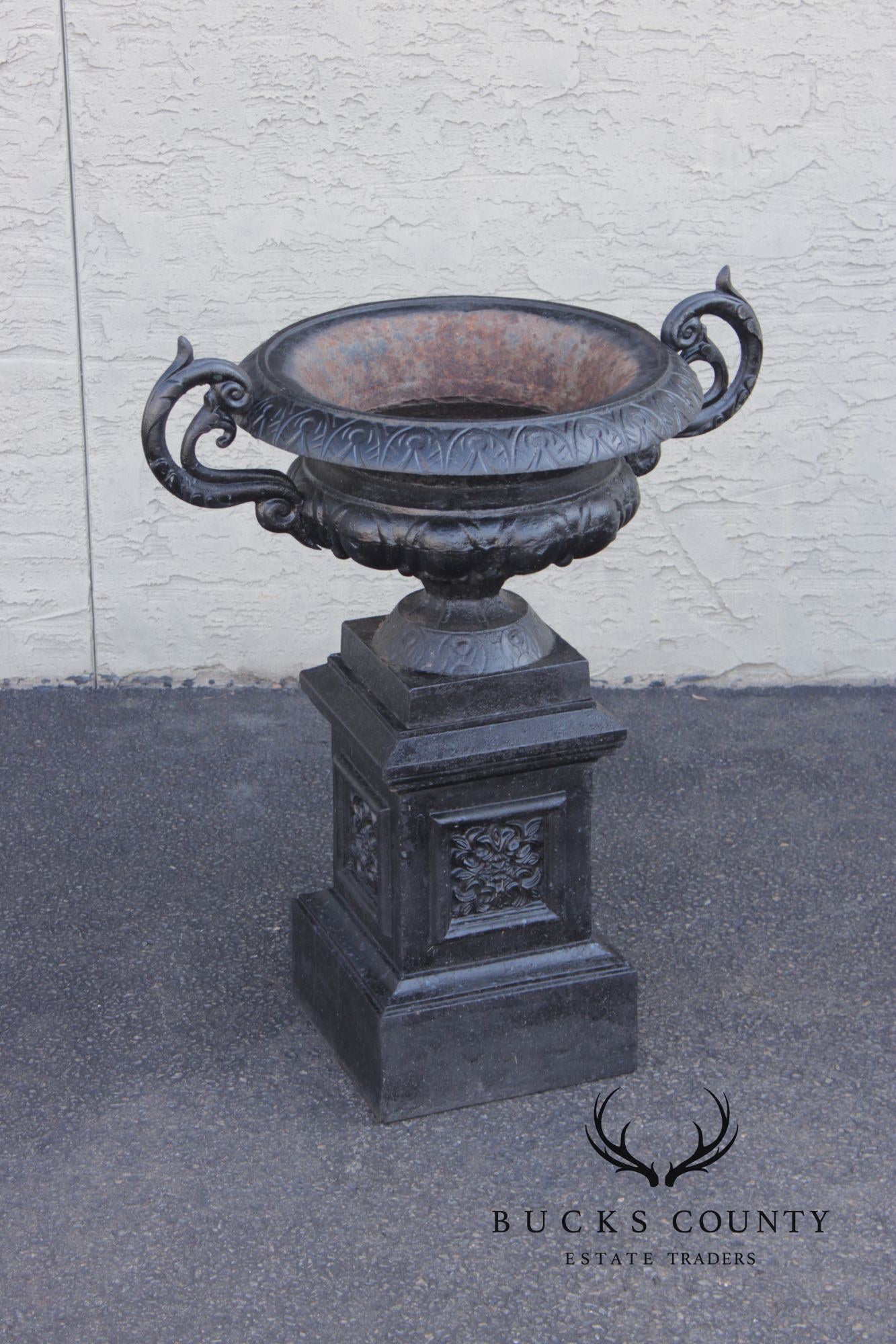 Pair Of Classical Style Cast Iron Garden Urns With Pedestals