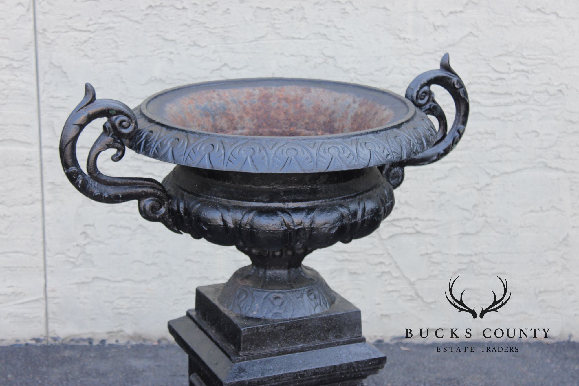 Pair Of Classical Style Cast Iron Garden Urns With Pedestals