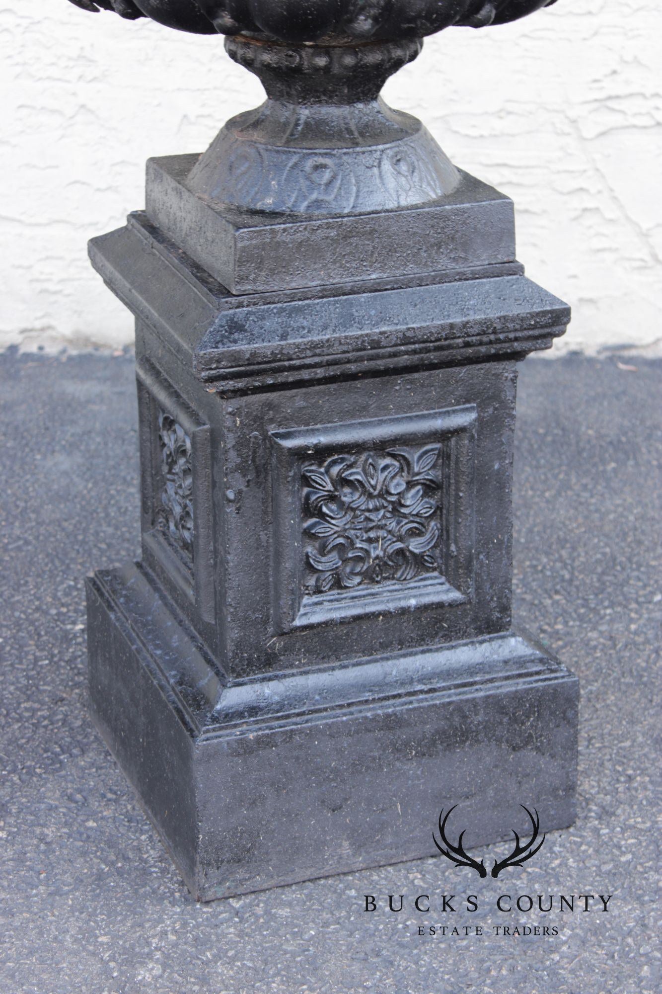 Pair Of Classical Style Cast Iron Garden Urns With Pedestals