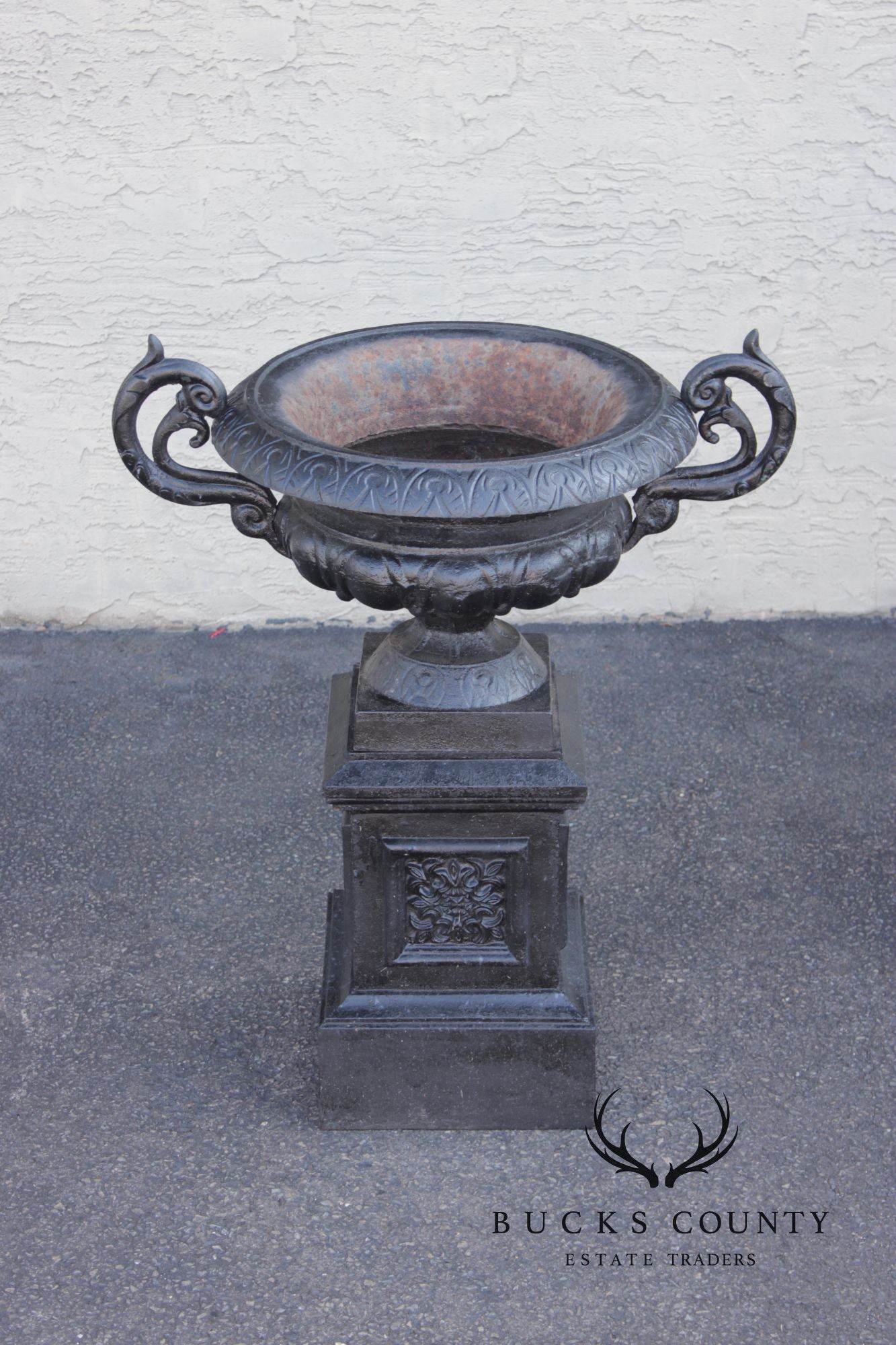 Pair Of Classical Style Cast Iron Garden Urns With Pedestals