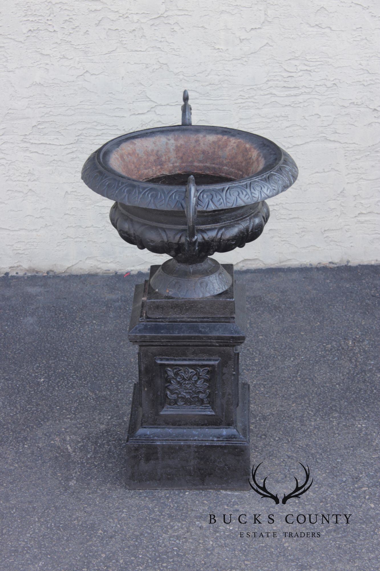 Pair Of Classical Style Cast Iron Garden Urns With Pedestals