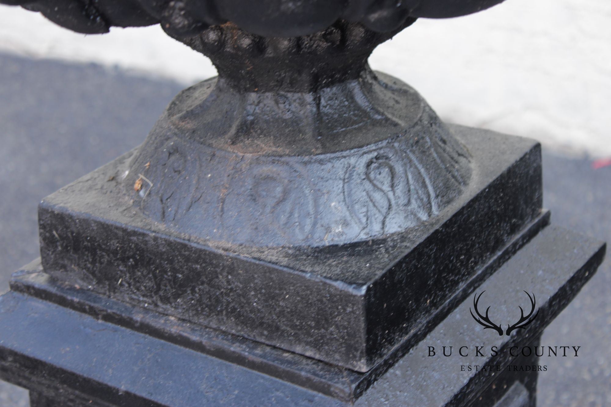 Pair Of Classical Style Cast Iron Garden Urns With Pedestals
