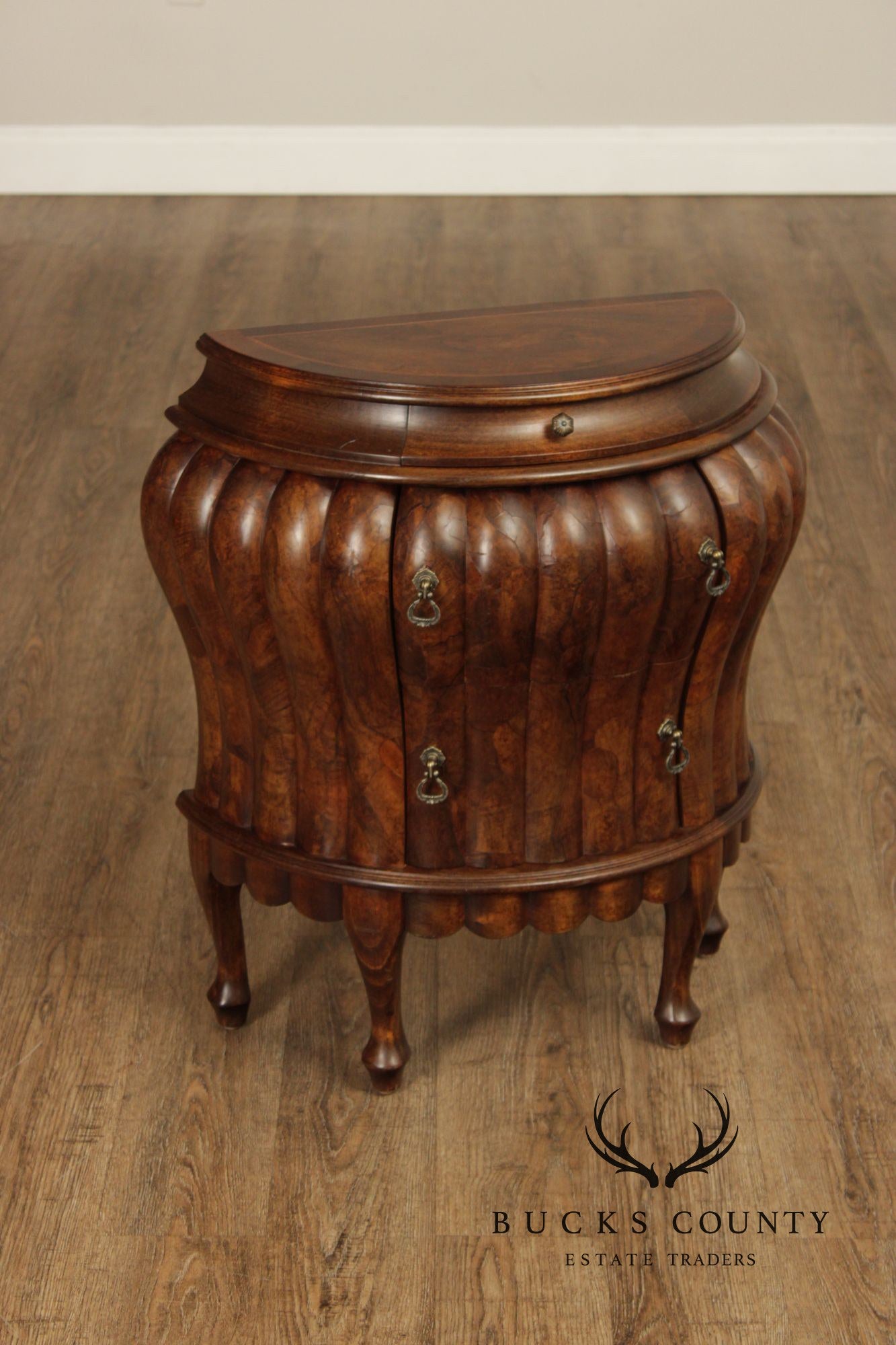 Vintage Pair Of Italian Walnut Bombe Nightstands Commodes With Scalloped