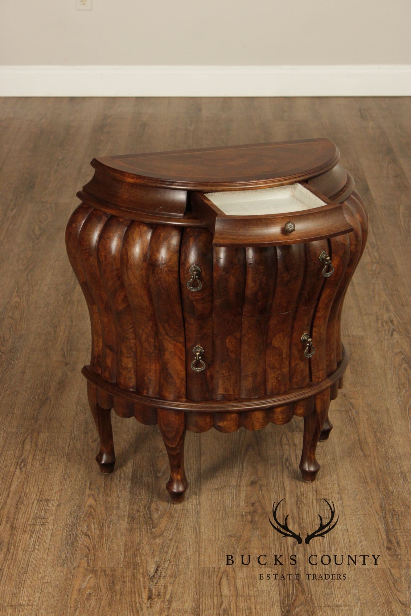 Vintage Pair Of Italian Walnut Bombe Nightstands Commodes With Scalloped