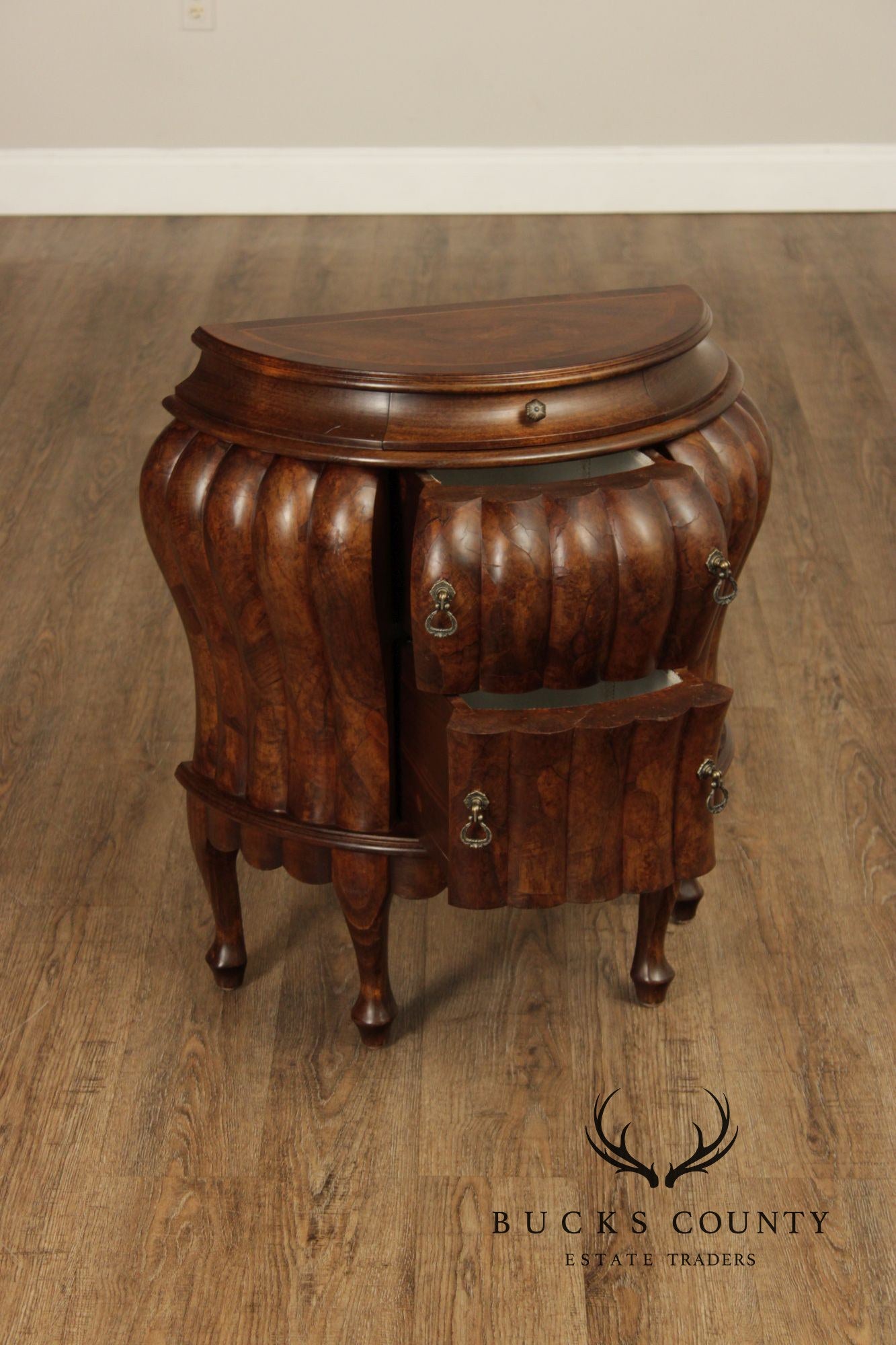 Vintage Pair Of Italian Walnut Bombe Nightstands Commodes With Scalloped