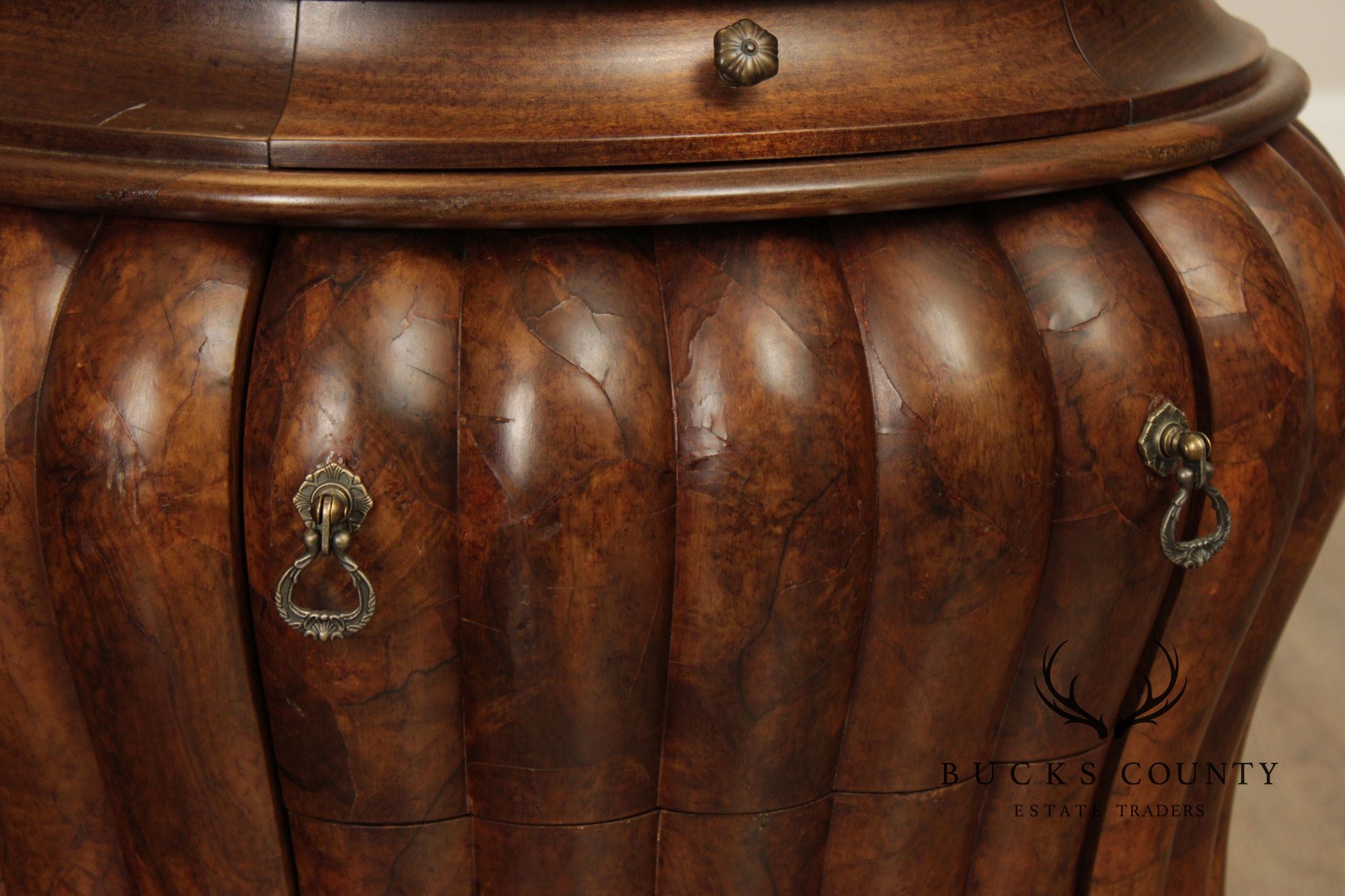 Vintage Pair Of Italian Walnut Bombe Nightstands Commodes With Scalloped