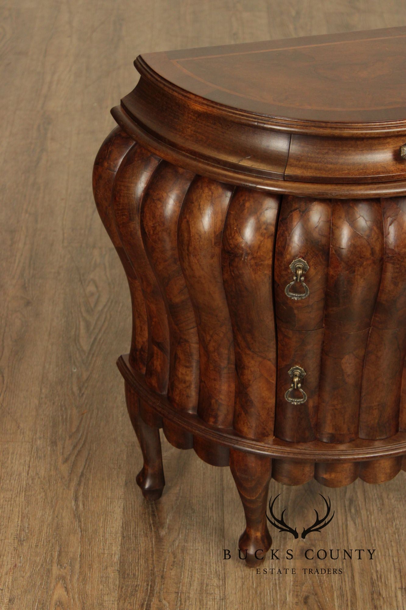 Vintage Pair Of Italian Walnut Bombe Nightstands Commodes With Scalloped