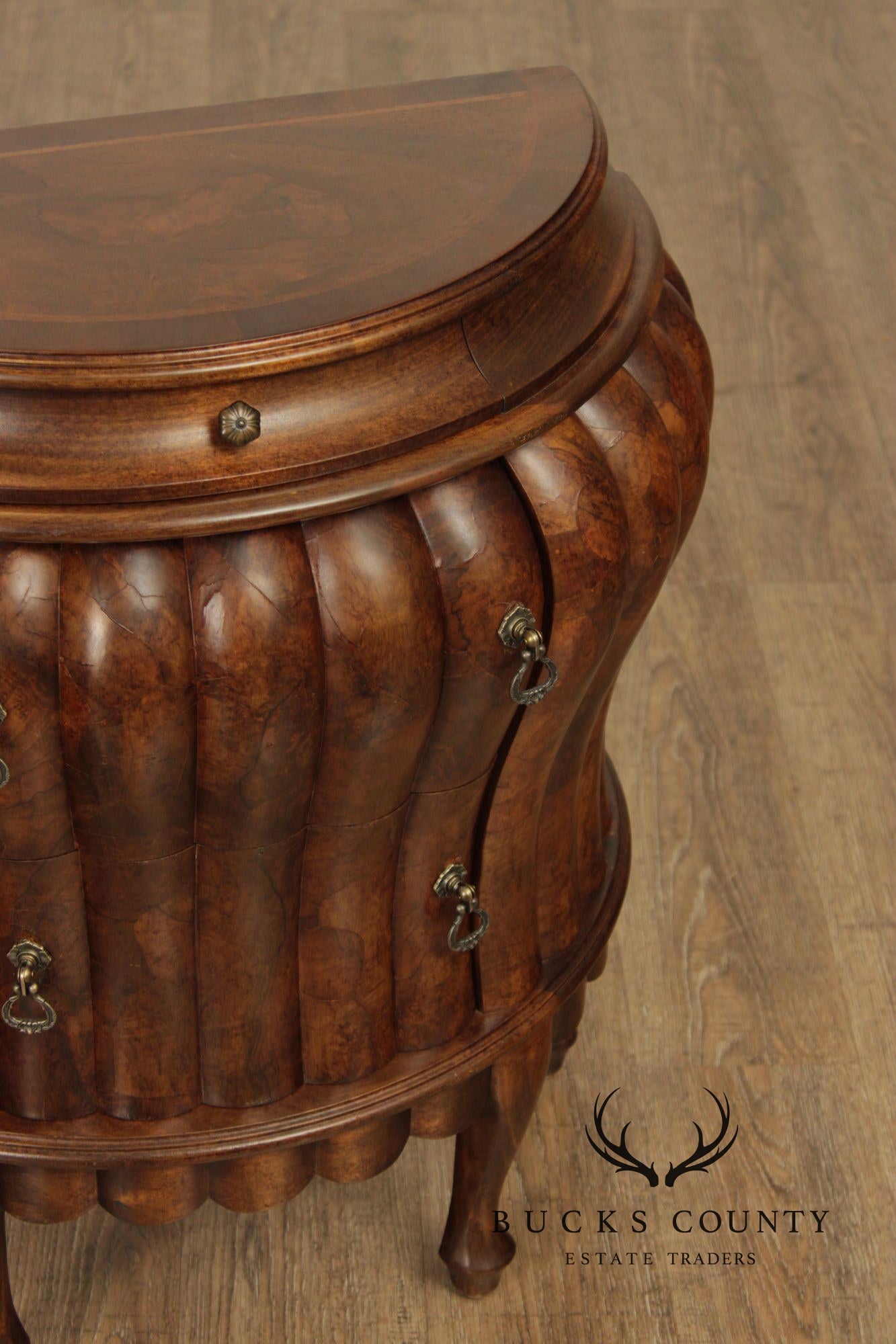 Vintage Pair Of Italian Walnut Bombe Nightstands Commodes With Scalloped