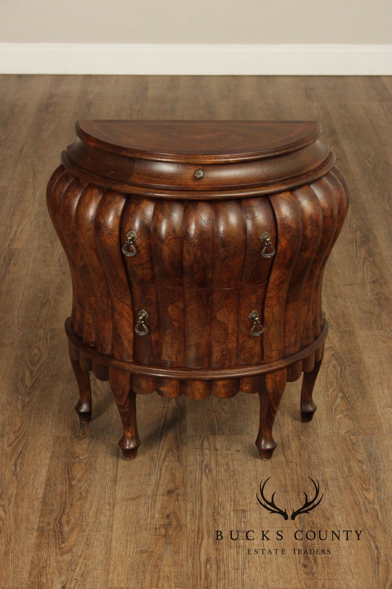 Vintage Pair Of Italian Walnut Bombe Nightstands Commodes With Scalloped