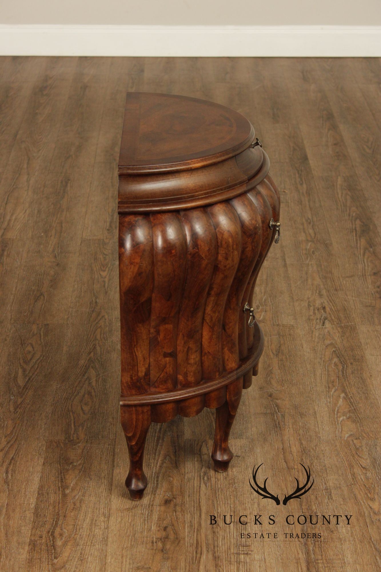 Vintage Pair Of Italian Walnut Bombe Nightstands Commodes With Scalloped