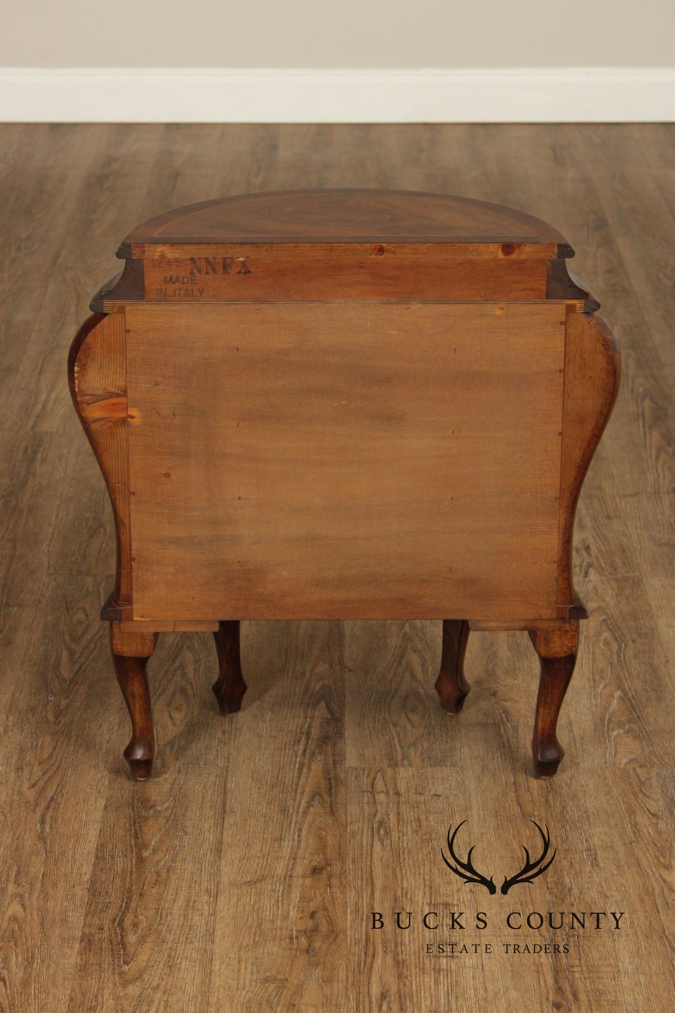 Vintage Pair Of Italian Walnut Bombe Nightstands Commodes With Scalloped