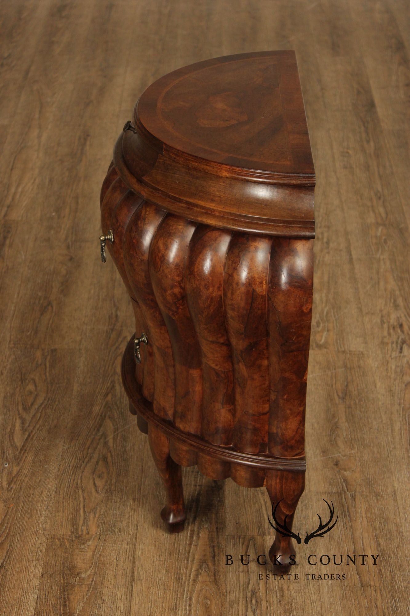 Vintage Pair Of Italian Walnut Bombe Nightstands Commodes With Scalloped