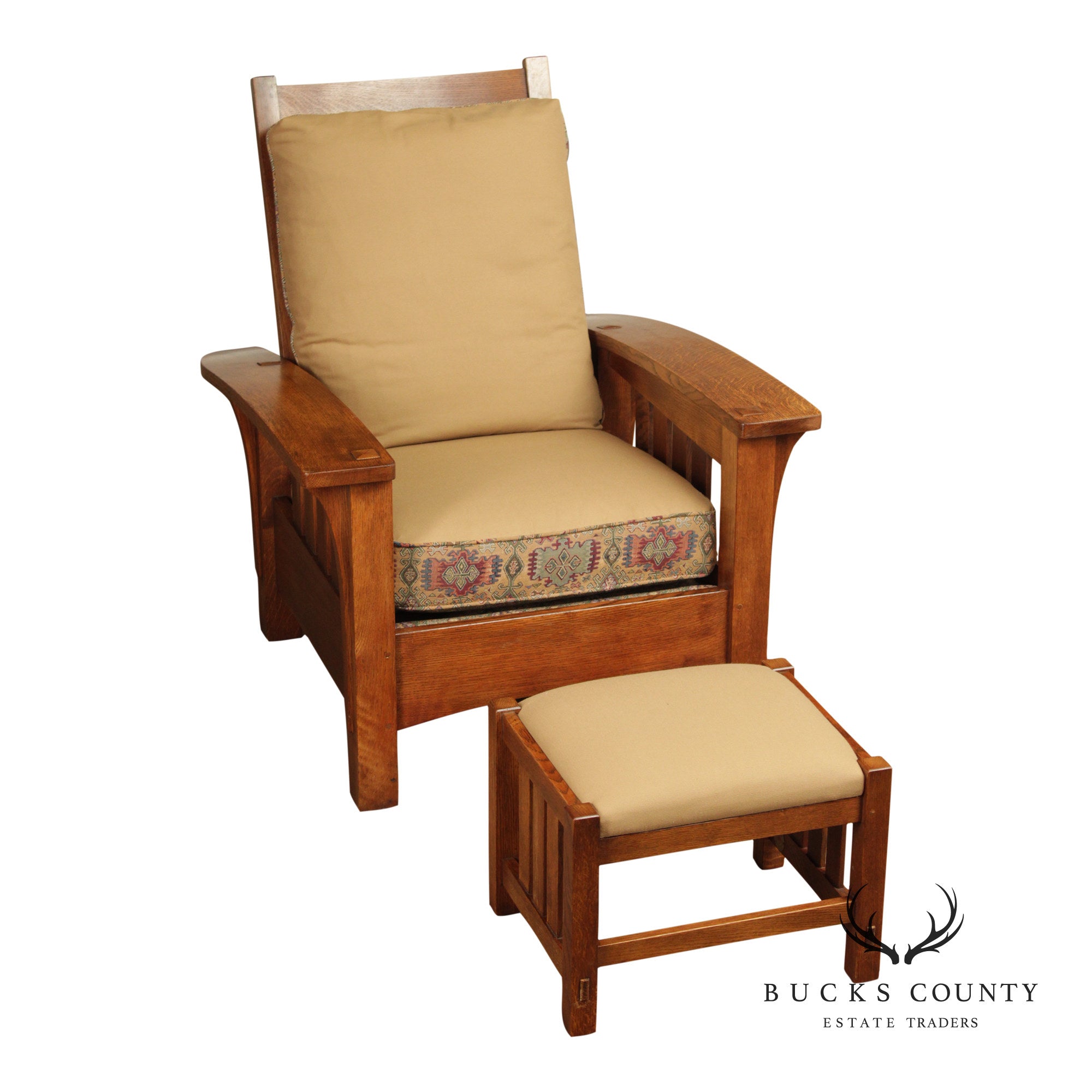 Stickley Mission Oak Collection Bow Arm Morris Chair and Ottoman