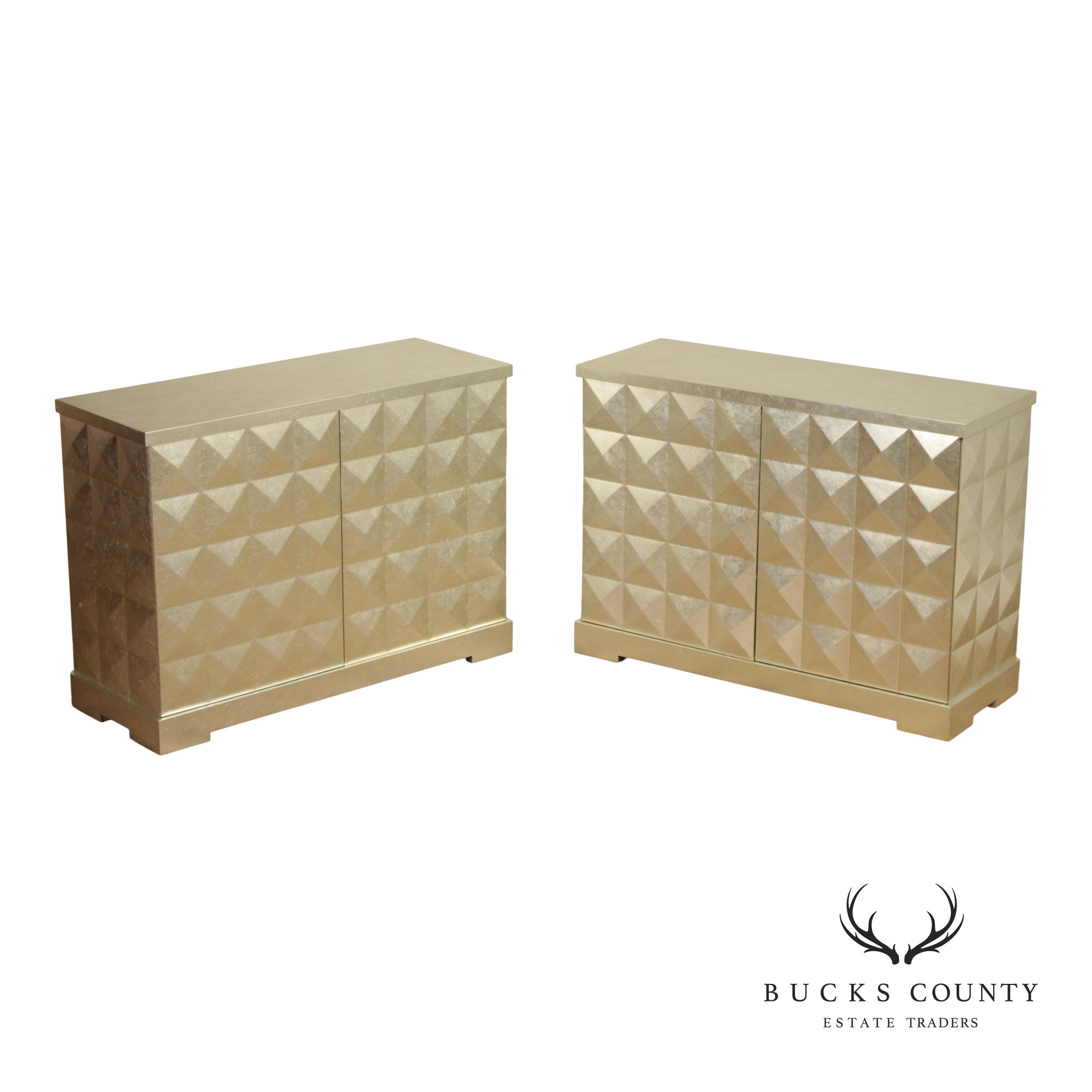 Baker Furniture Pair Of Barbara Barry Silver Leaf Diamond Front Cabinets