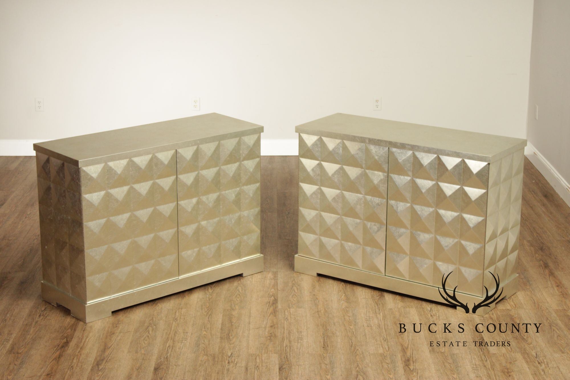 Baker Furniture Pair Of Barbara Barry Silver Leaf Diamond Front Cabinets