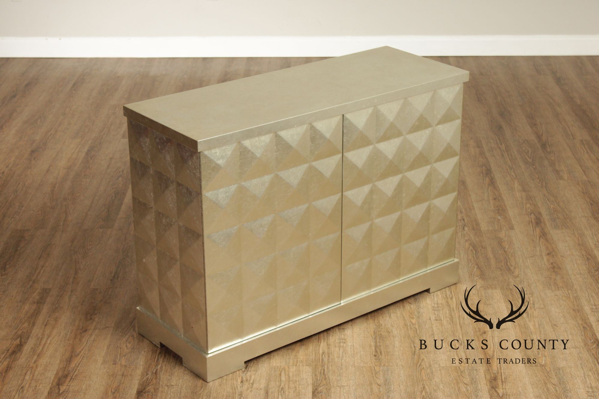 Baker Furniture Pair Of Barbara Barry Silver Leaf Diamond Front Cabinets