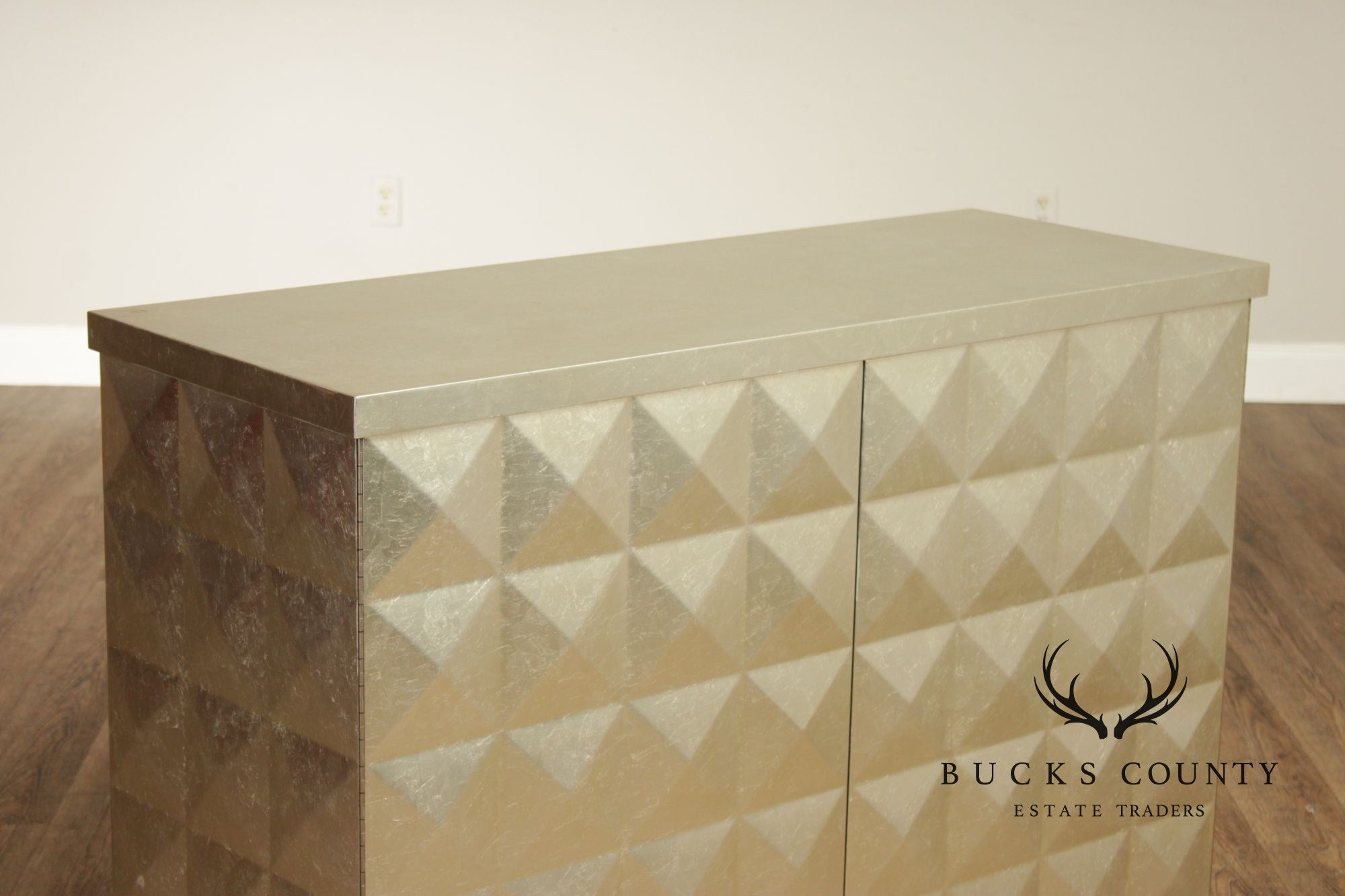 Baker Furniture Pair Of Barbara Barry Silver Leaf Diamond Front Cabinets
