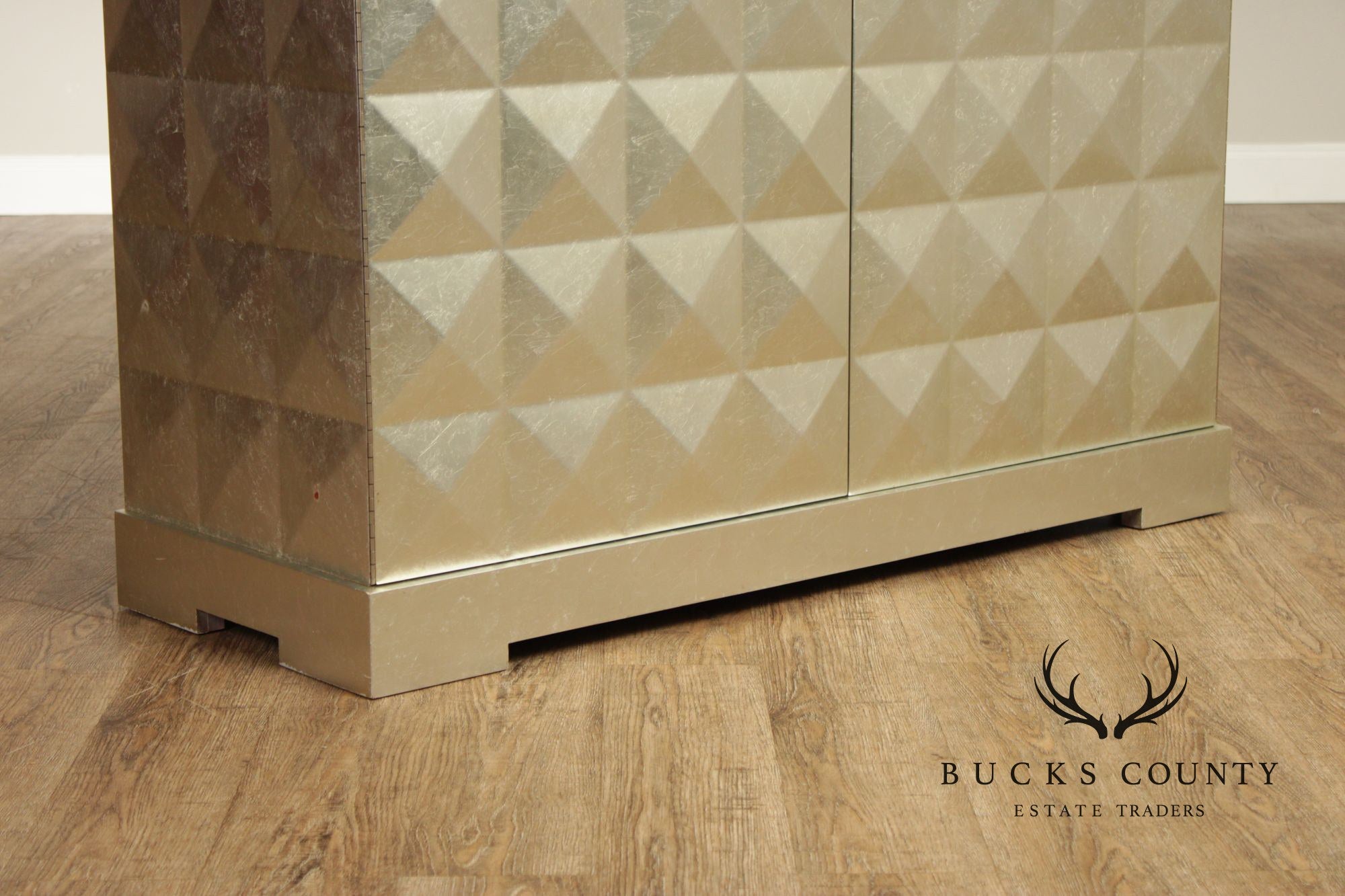 Baker Furniture Pair Of Barbara Barry Silver Leaf Diamond Front Cabinets