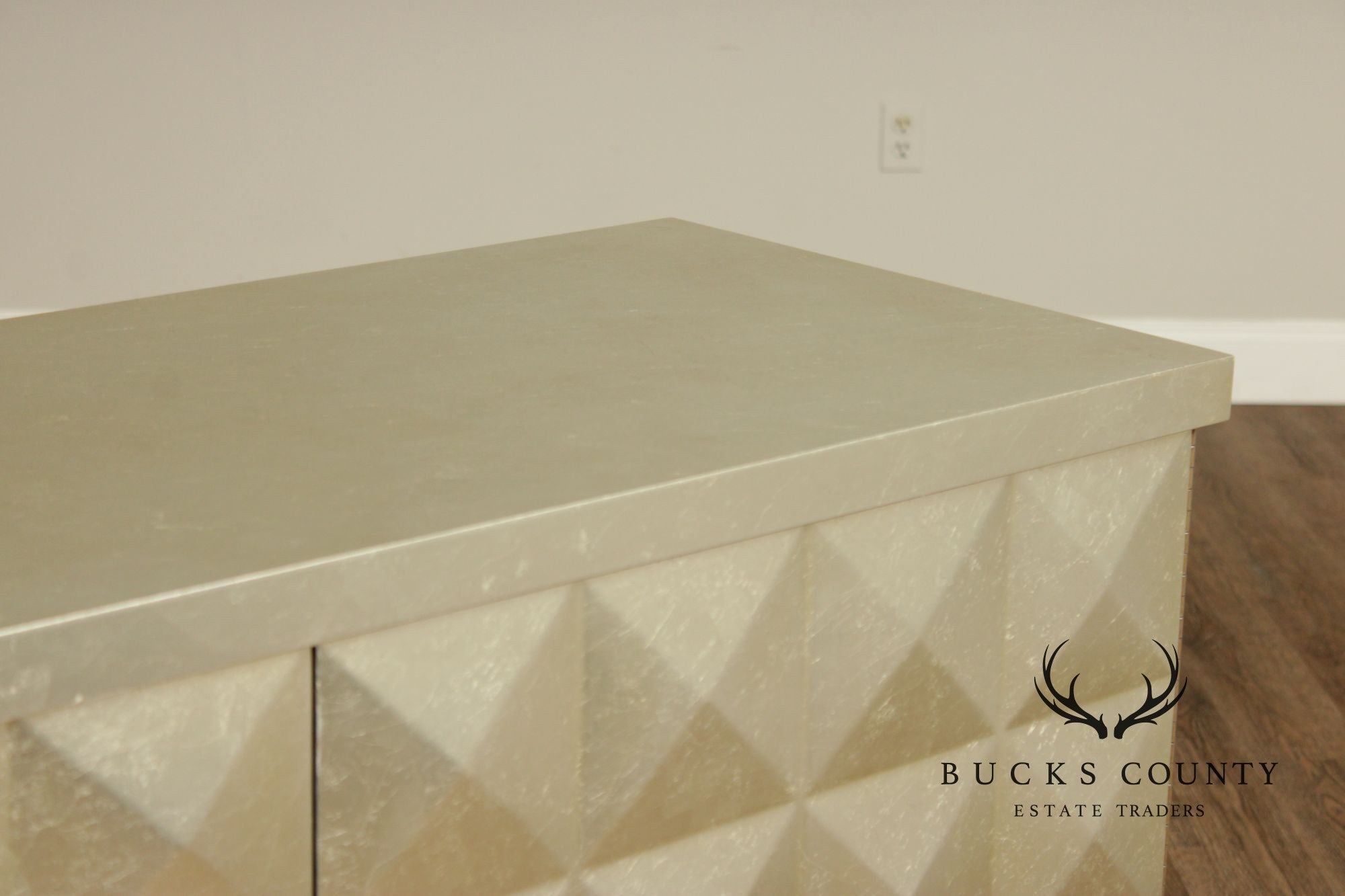 Baker Furniture Pair Of Barbara Barry Silver Leaf Diamond Front Cabinets
