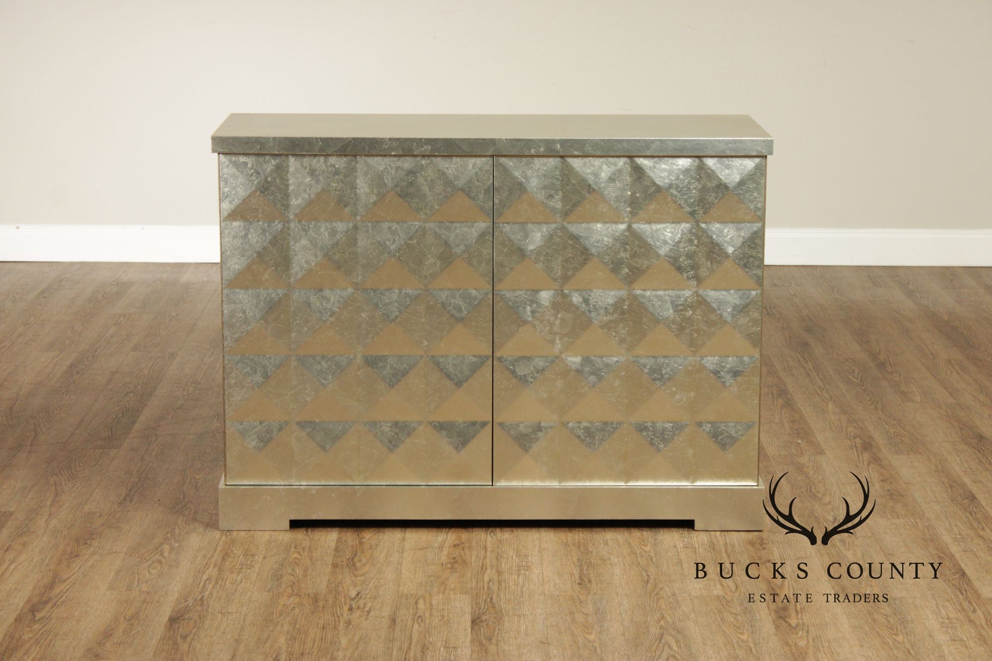 Baker Furniture Pair Of Barbara Barry Silver Leaf Diamond Front Cabinets