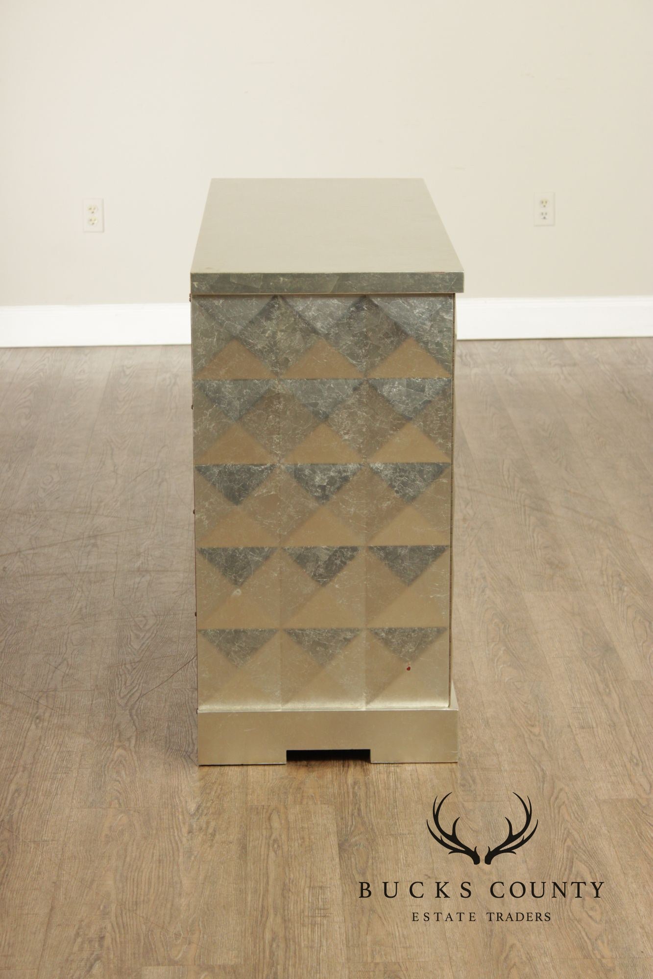 Baker Furniture Pair Of Barbara Barry Silver Leaf Diamond Front Cabinets