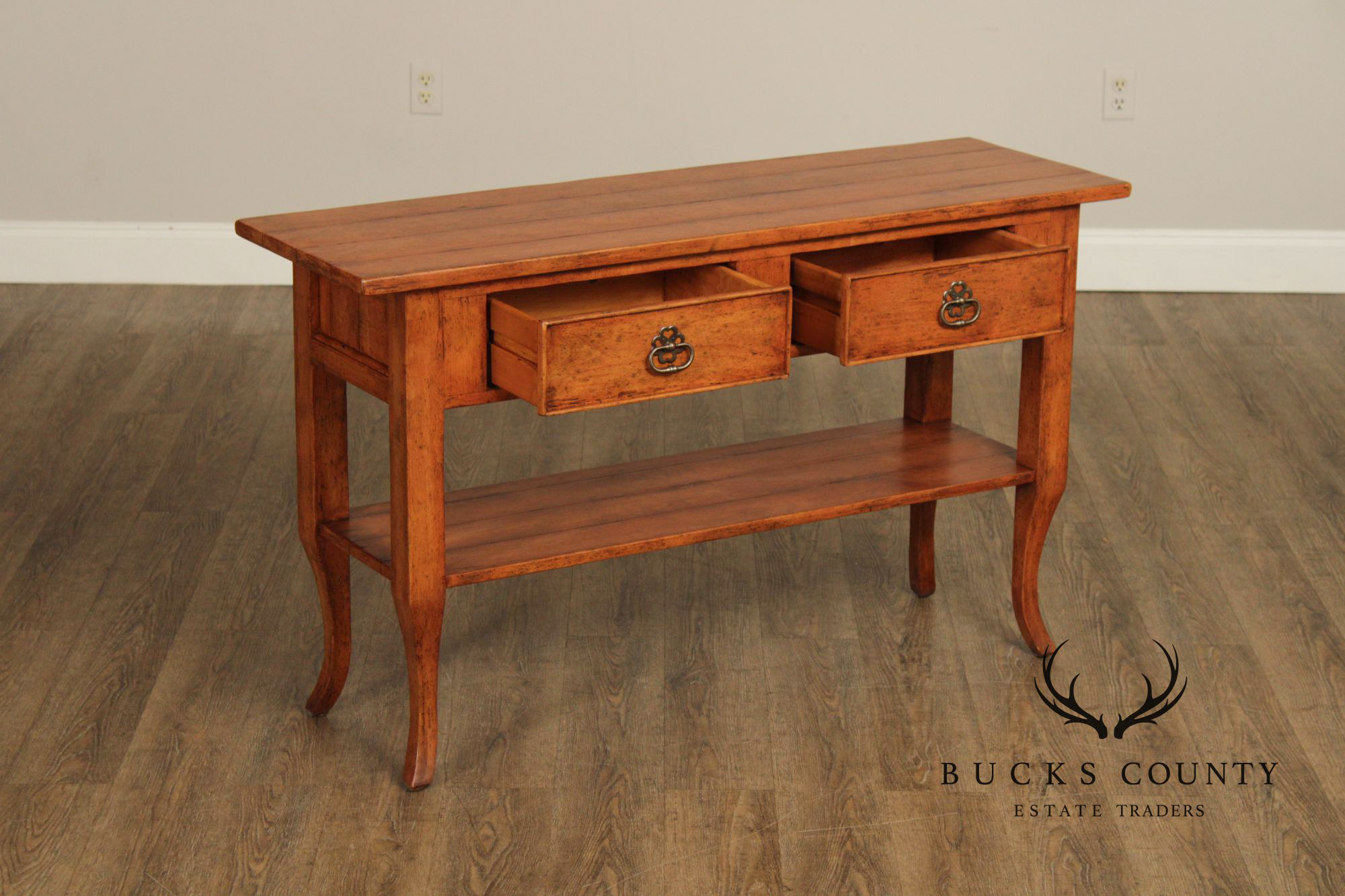 Bausman And Company French Country Style Two Drawer Fruitwood Console Table