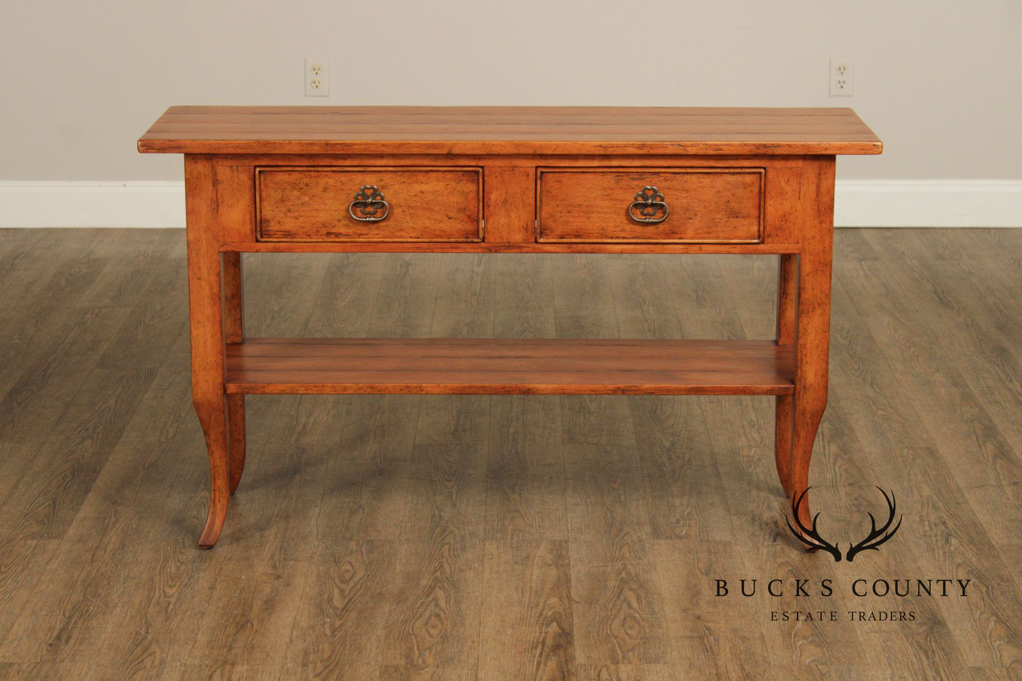 Bausman And Company French Country Style Two Drawer Fruitwood Console Table