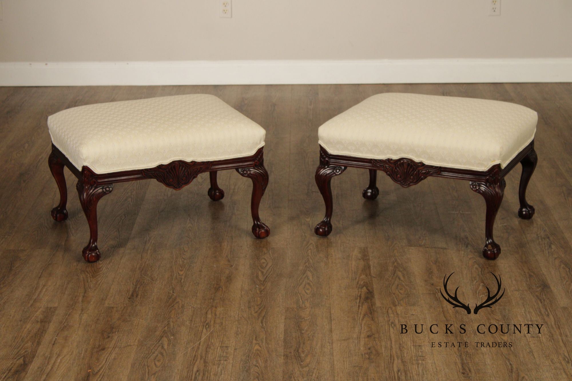 Thomasville Pair Of Chippendale Style Mahogany Upholstered Ottomans
