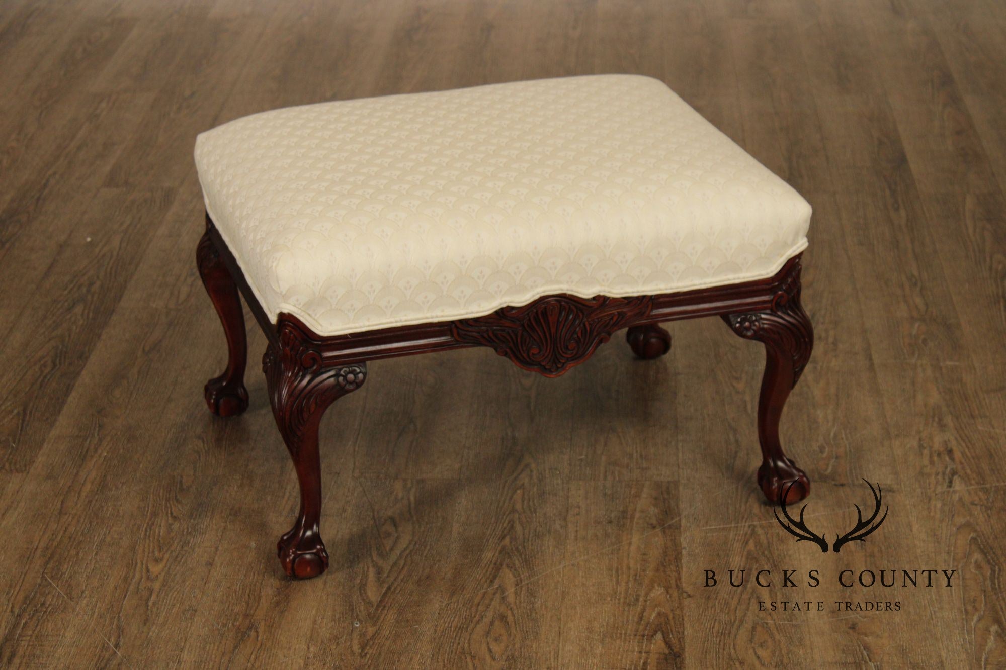 Thomasville Pair Of Chippendale Style Mahogany Upholstered Ottomans