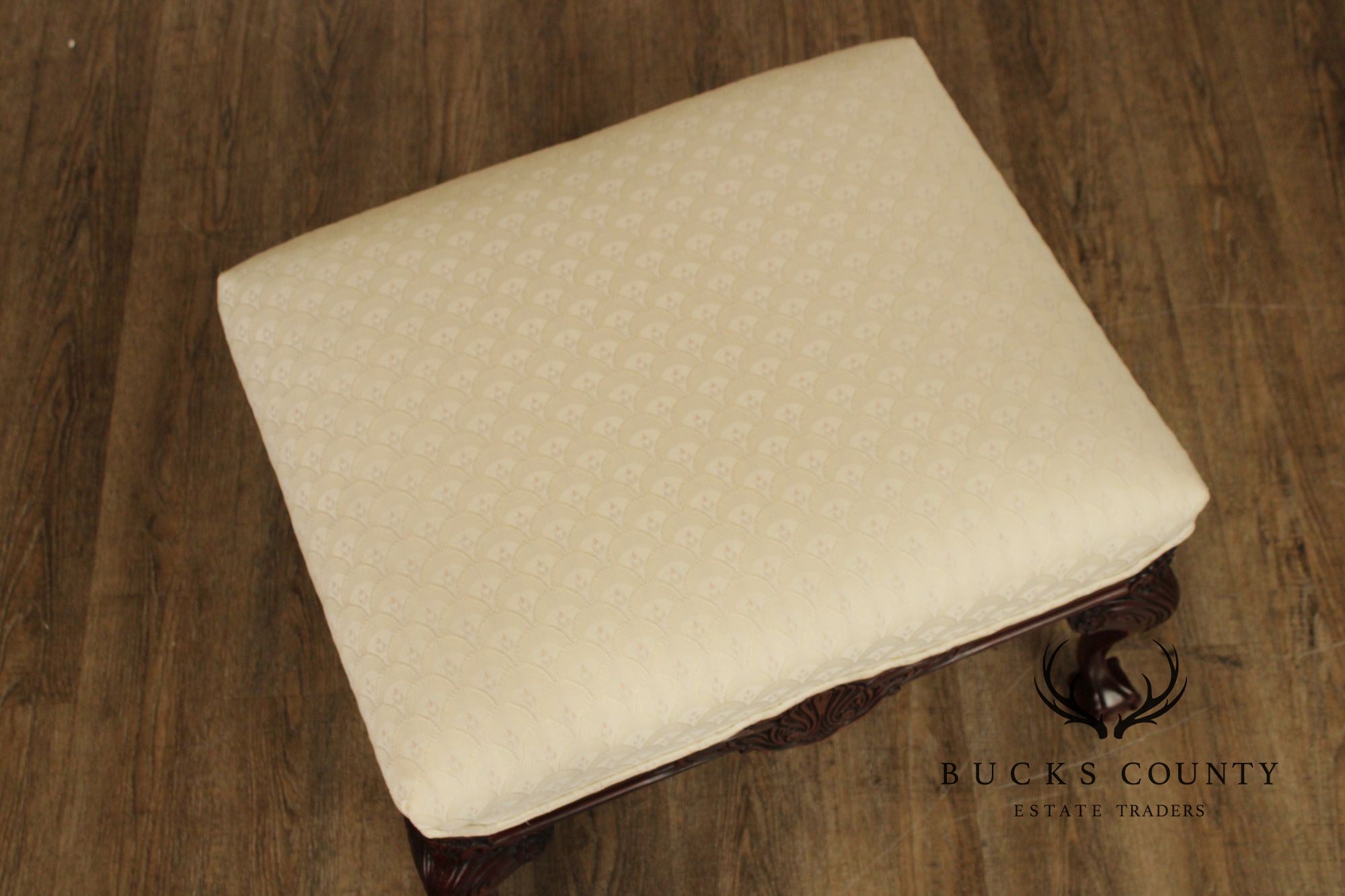 Thomasville Pair Of Chippendale Style Mahogany Upholstered Ottomans