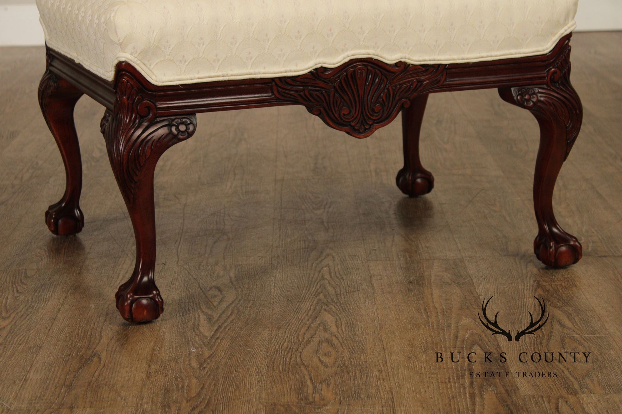 Thomasville Pair Of Chippendale Style Mahogany Upholstered Ottomans