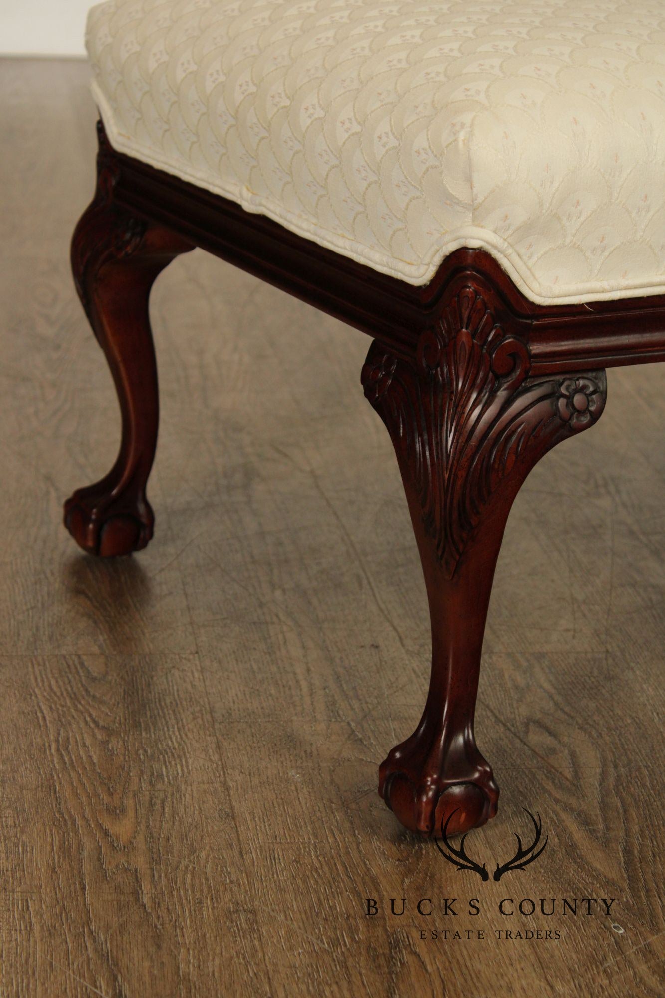 Thomasville Pair Of Chippendale Style Mahogany Upholstered Ottomans
